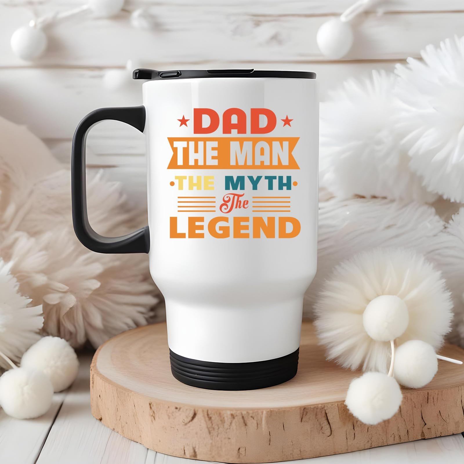 71786cf8g5l.jpg Dad the Man retro travel mug on a wooden slice with white pom-poms