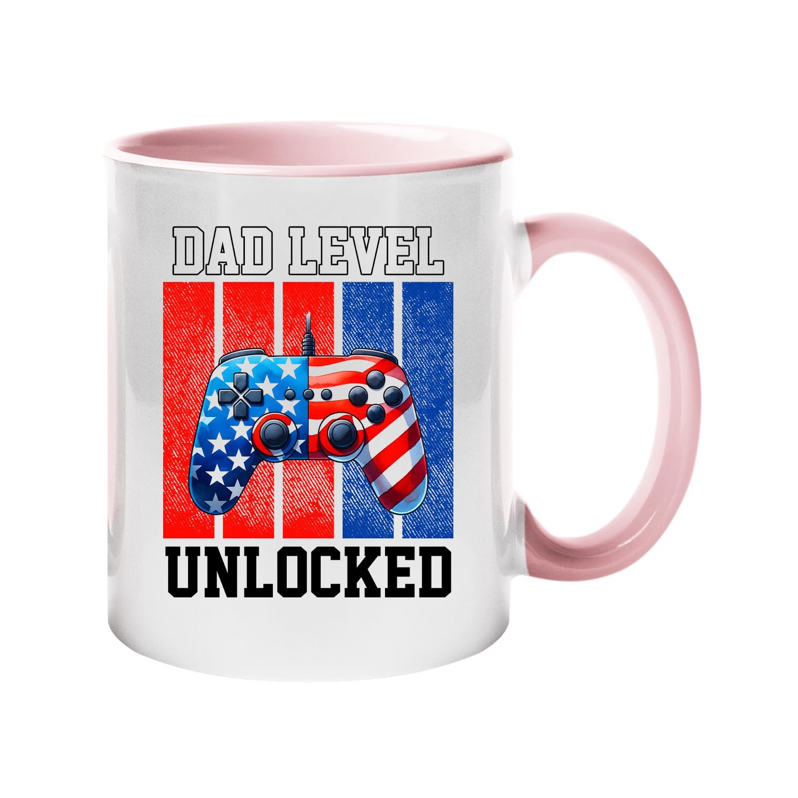 717bzca1jhl.jpg Colour handle mug with a stars-and-stripes game controller and “Dad level unlocked” – light pink handle and inside