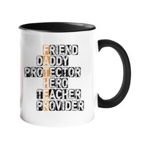 Colour handle mug with a “FATHER” acrostic – friend, daddy, protector, hero, teacher, provider – black handle and inside