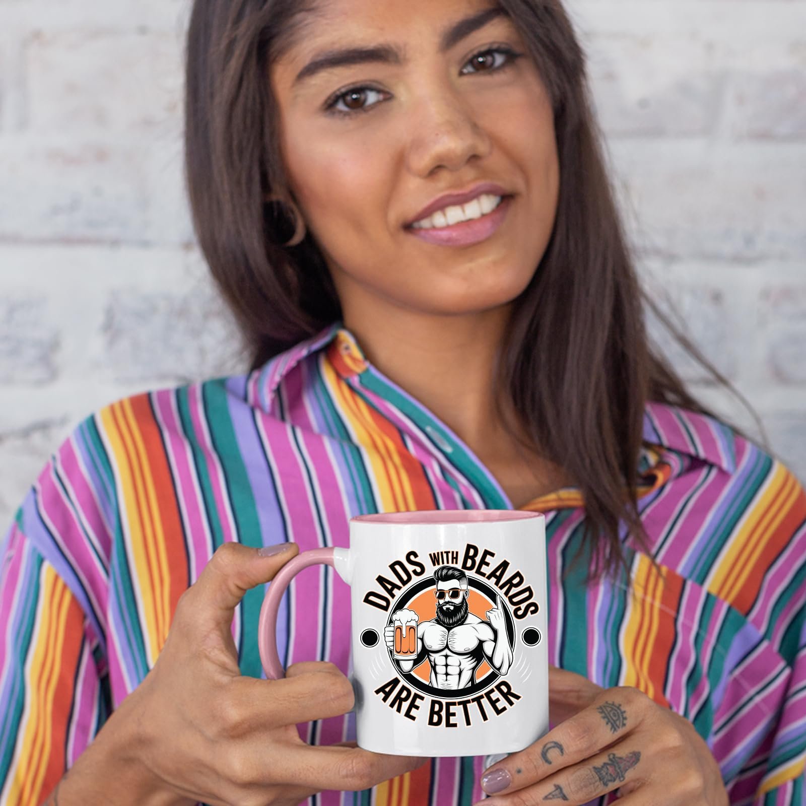 718oyxaeqbl.jpg Woman in a striped shirt holding the Dads with Beards colour handle mug