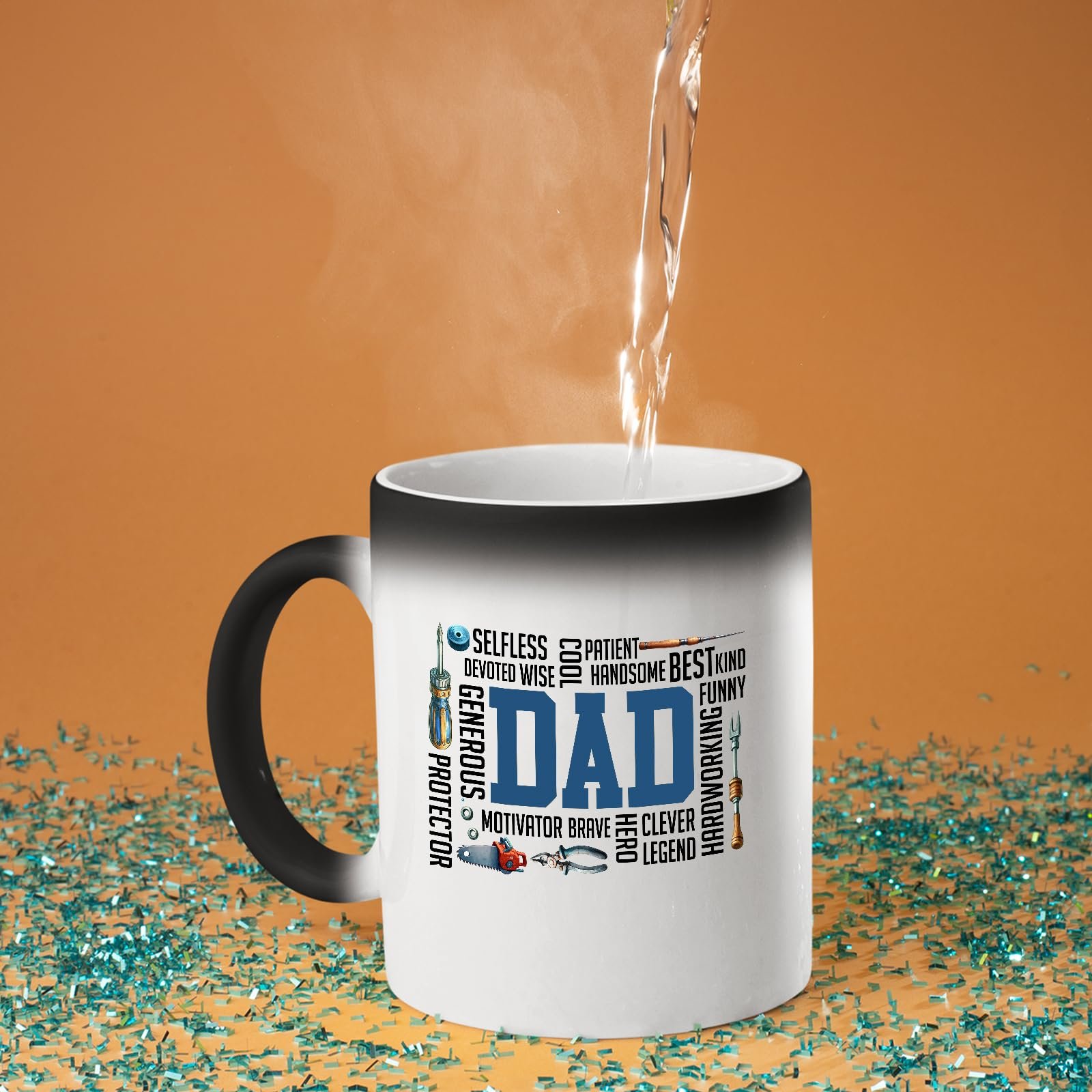 718cv6bbpul.jpg Hot water poured into the DAD word cloud colour changing mug as the design appears