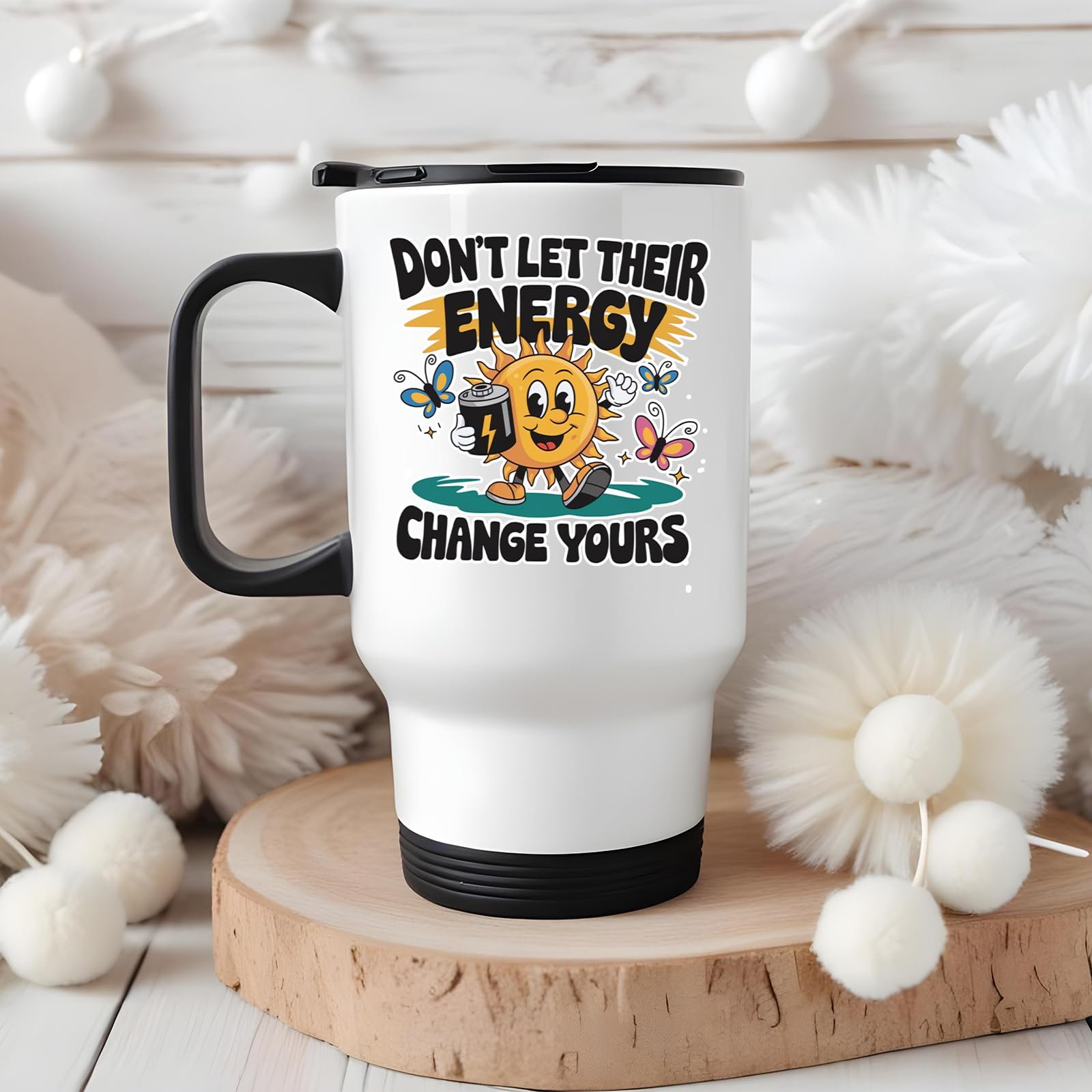 7192yxxzmcl.jpg Positive Vibes sun travel mug on a wooden slice with white pom-poms