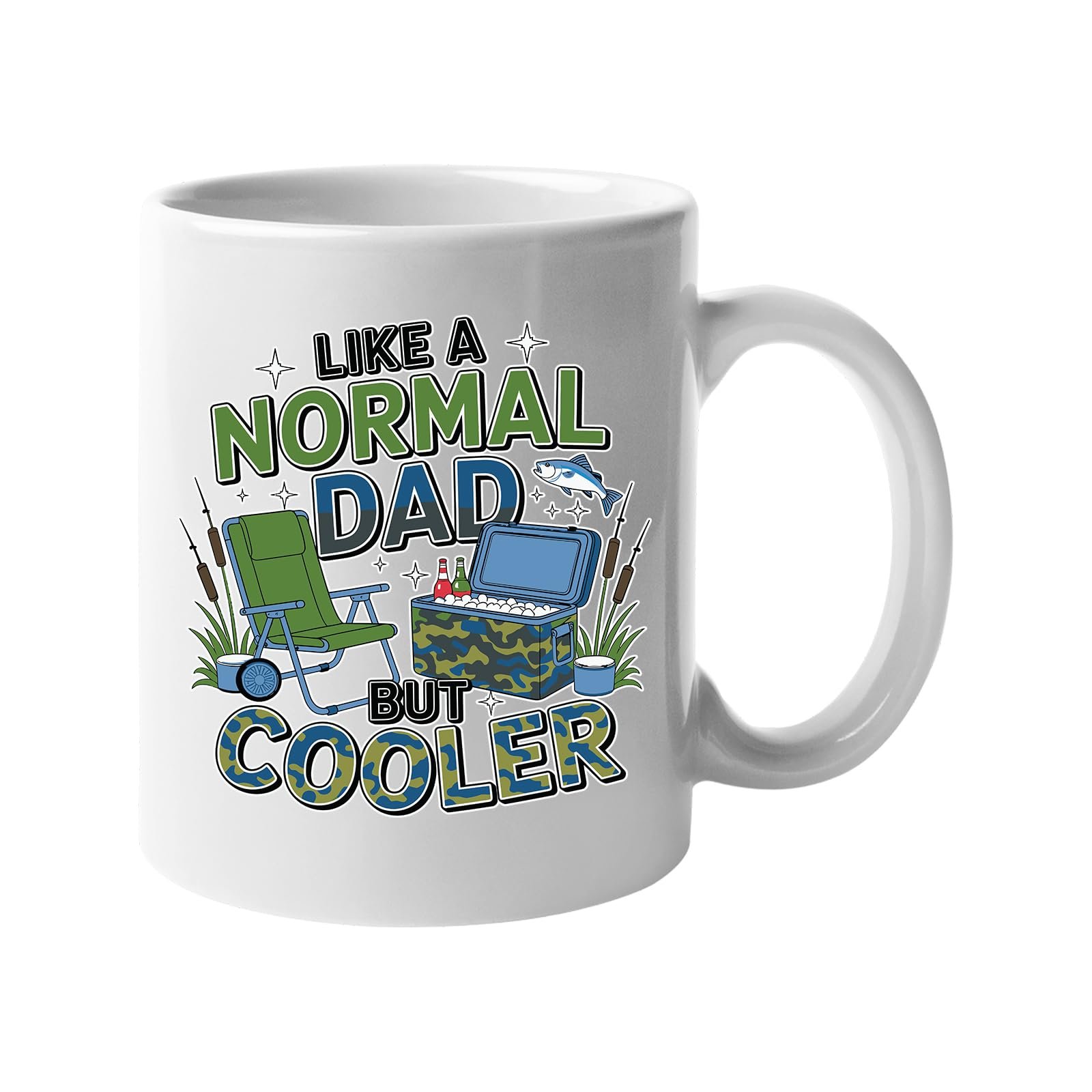 71blrznwual 1.jpg White mug with camping chairs, a cool box and a fishing rod with “Like a normal dad, but cooler”