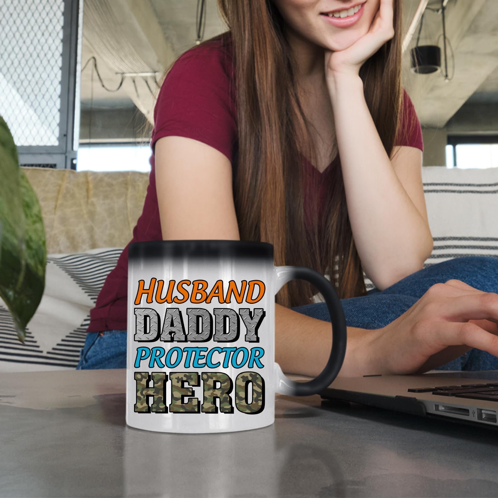 71bo1eub0zl.jpg Woman at a laptop with the Husband Daddy Protector Hero camo colour changing mug