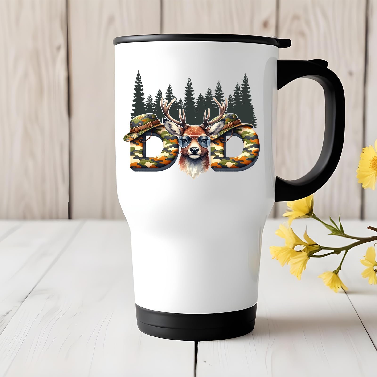 71btei vbjl.jpg Hunting Dad deer travel mug on a white wooden table with yellow flowers