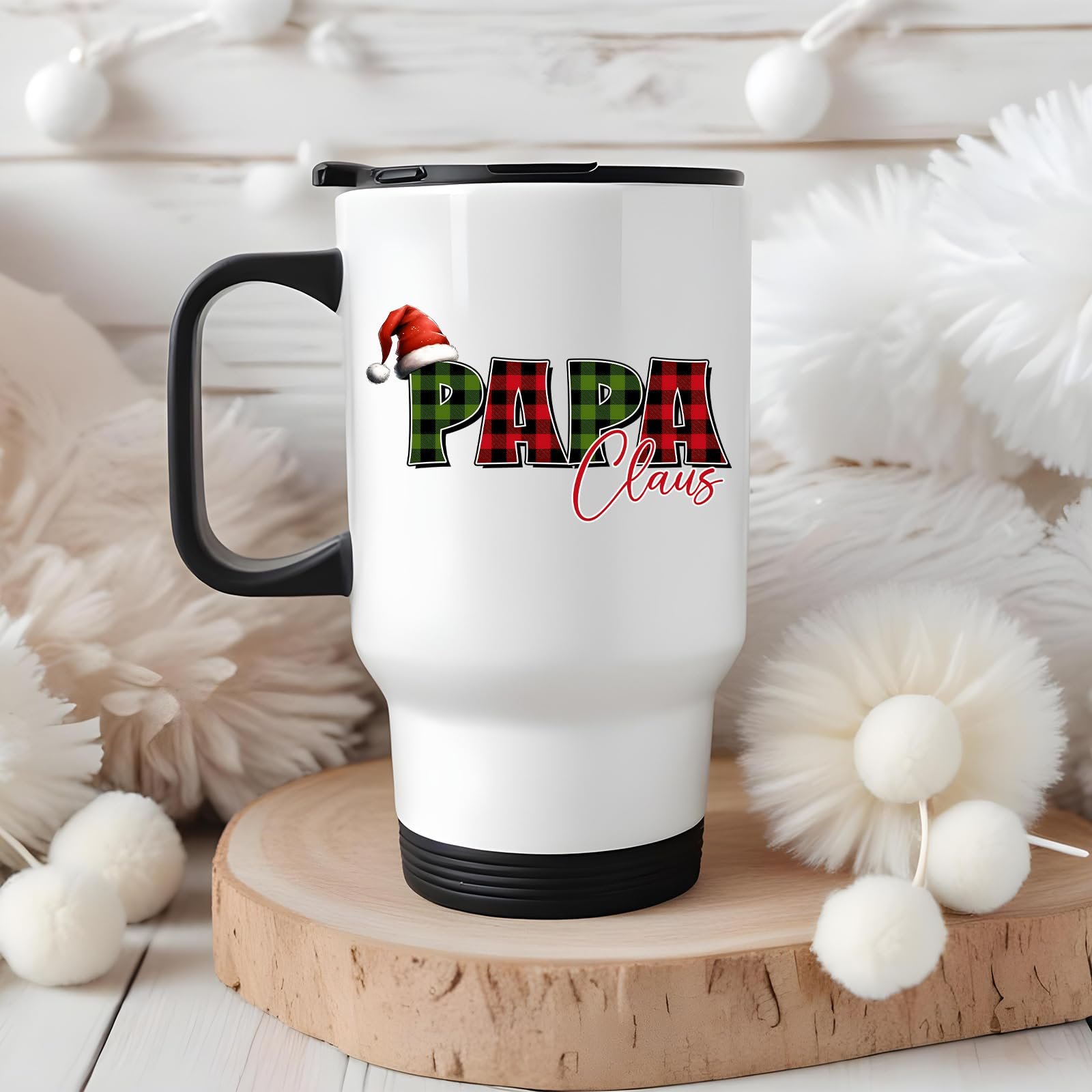 71cj5zbewgl 1.jpg Papa Claus travel mug on a wooden slice with white pom-poms
