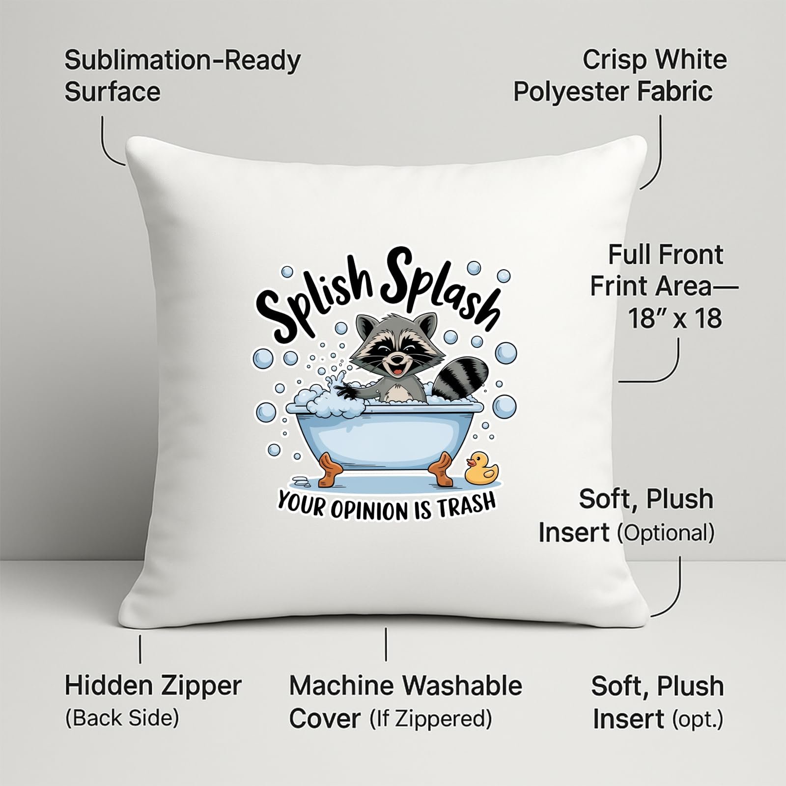 71crxrmztxl.jpg Splish Splash raccoon cushion with labels for 18 x 18 inch print area, hidden zip and washable cover