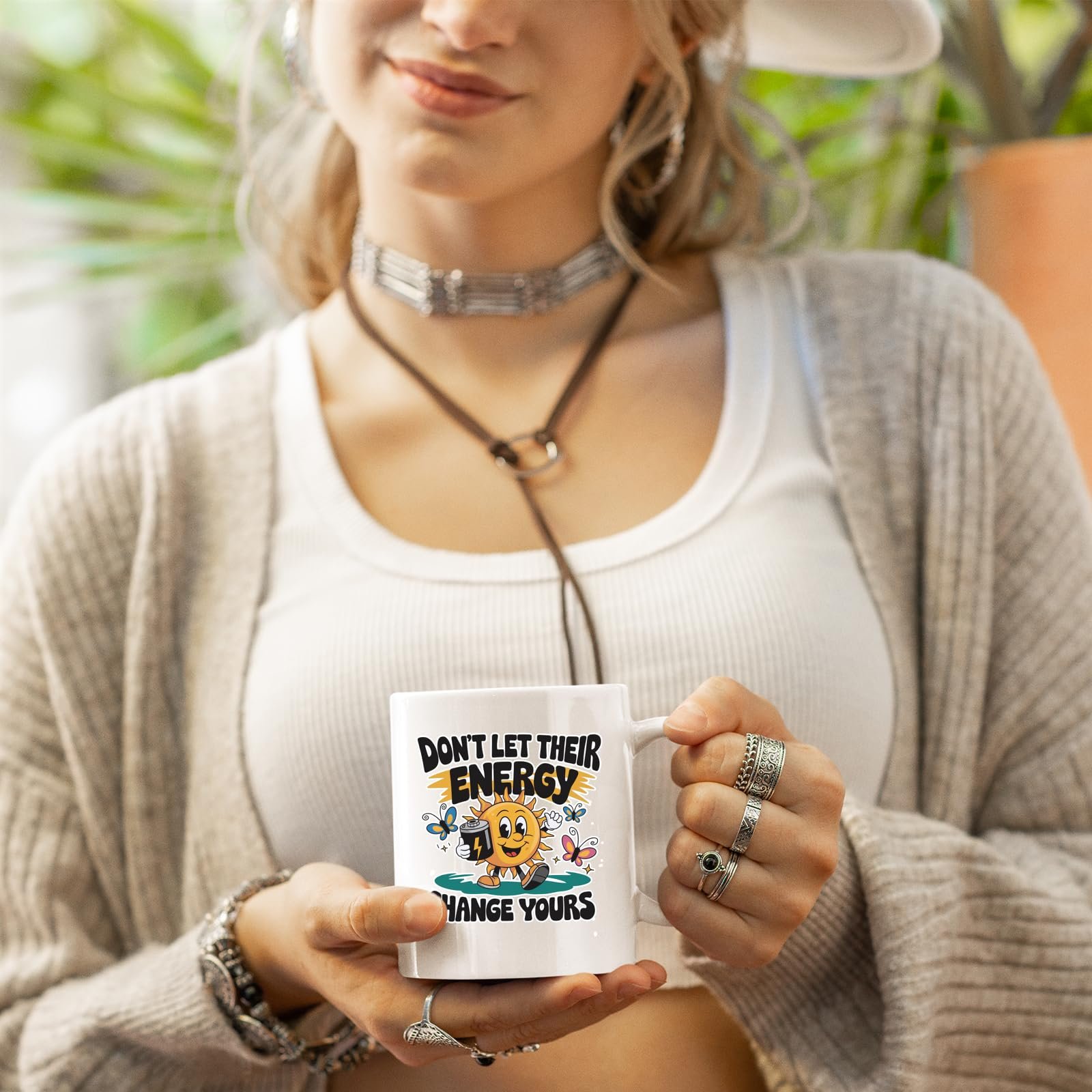 71dtymwt1vl.jpg Woman in a cardigan holding the Positive Vibes sun mug