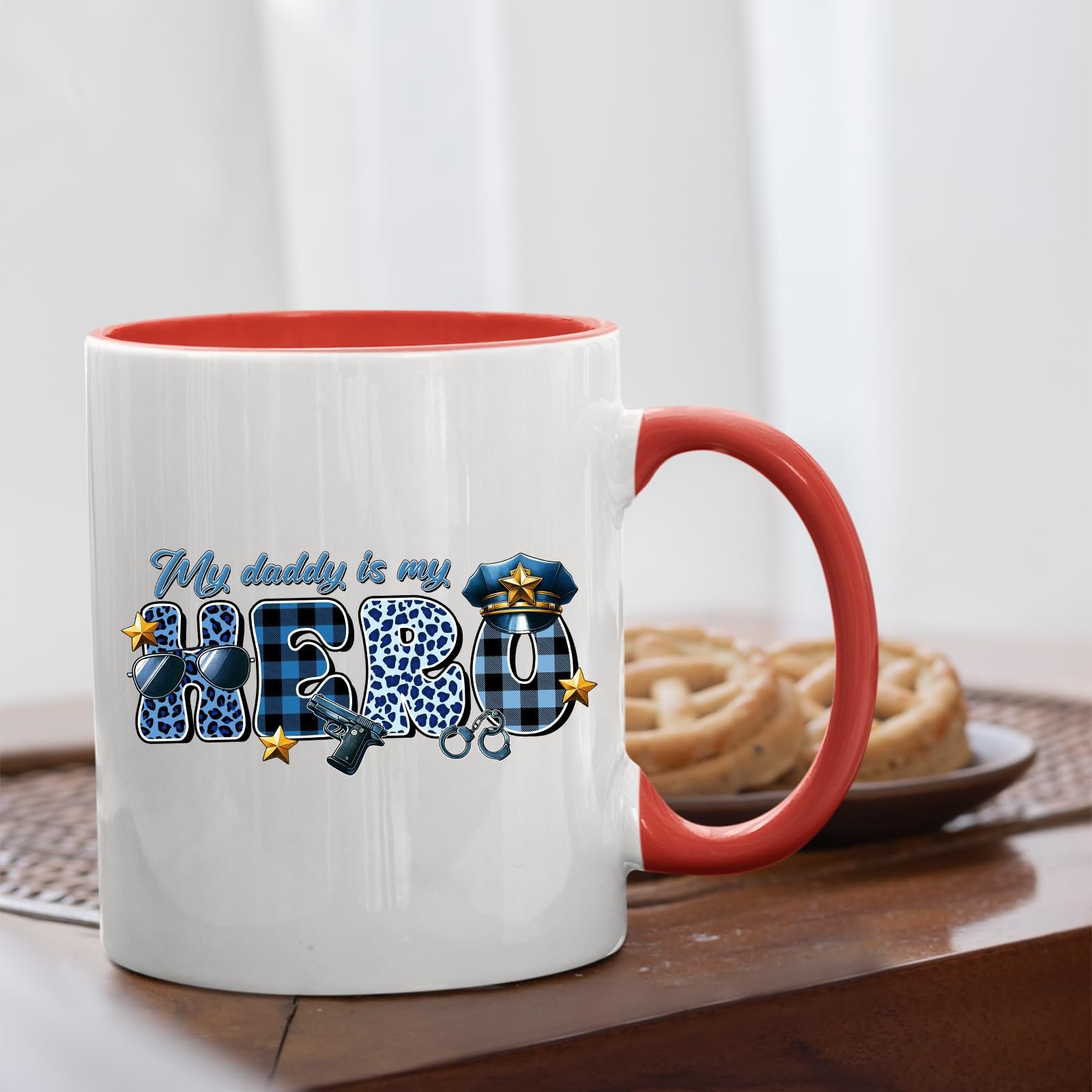 71f8tluk4pl.jpg My Daddy Is My Hero police mug with a red handle beside biscuits
