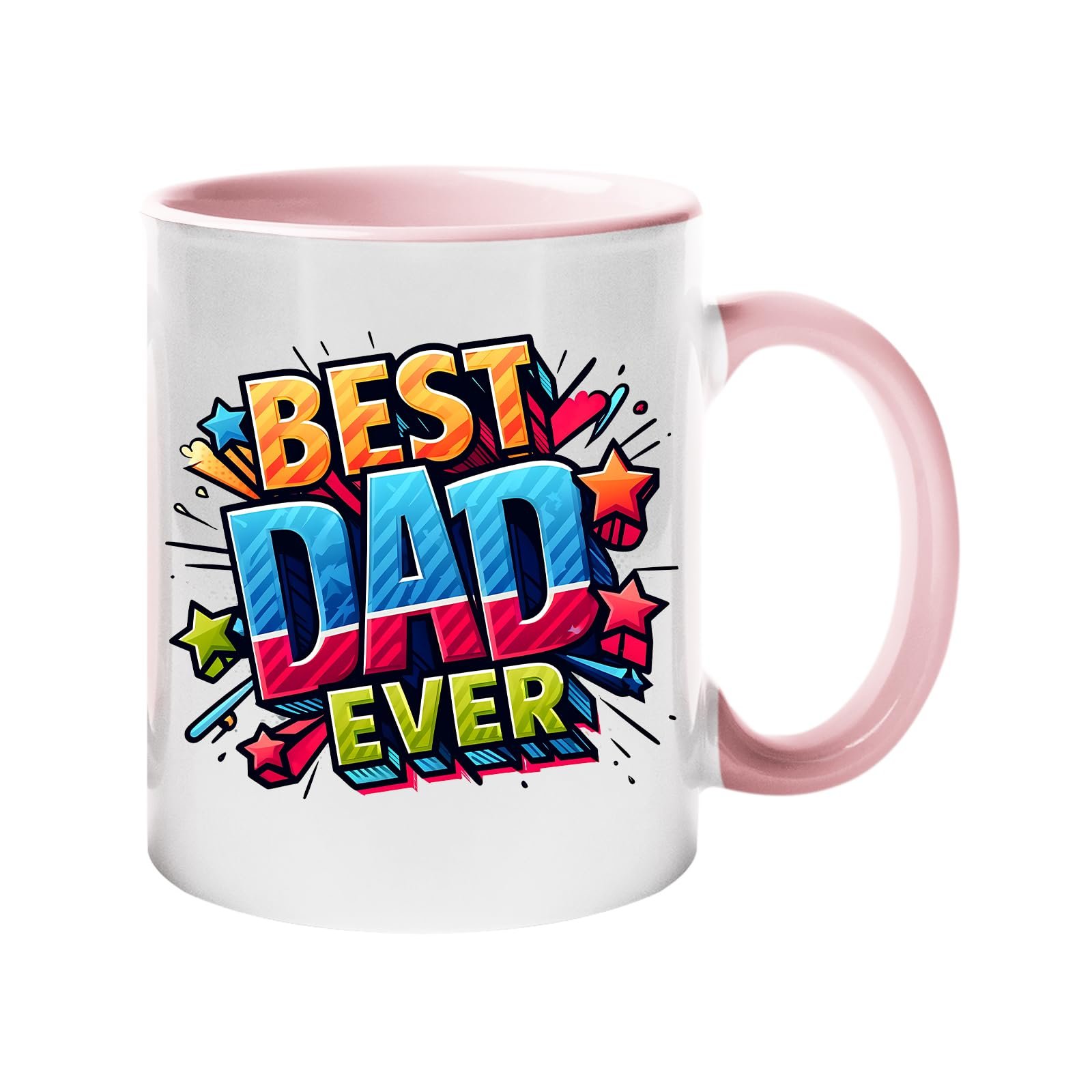71fdifg y2l.jpg Colour handle mug with “Best Dad Ever” in bold comic-book lettering with stars – light pink handle and inside