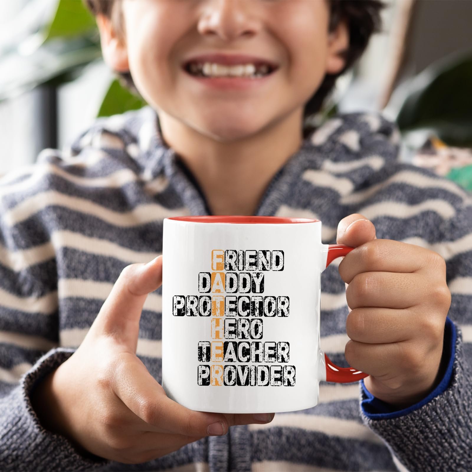 71fzzevsbol.jpg Smiling child holding the FATHER acrostic mug with a red handle