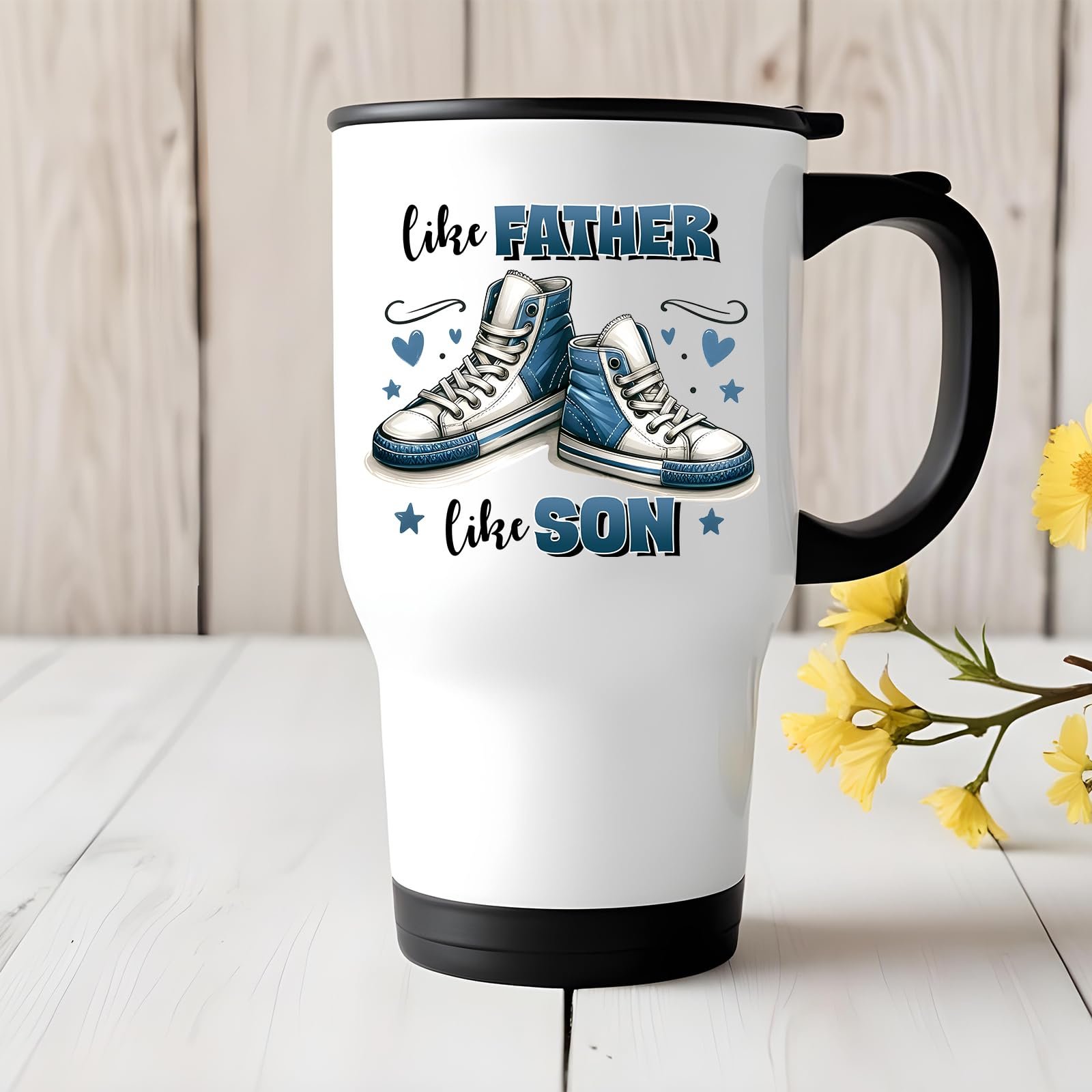71ge0cog50l.jpg Like Father Like Son travel mug on a white wooden table with yellow flowers