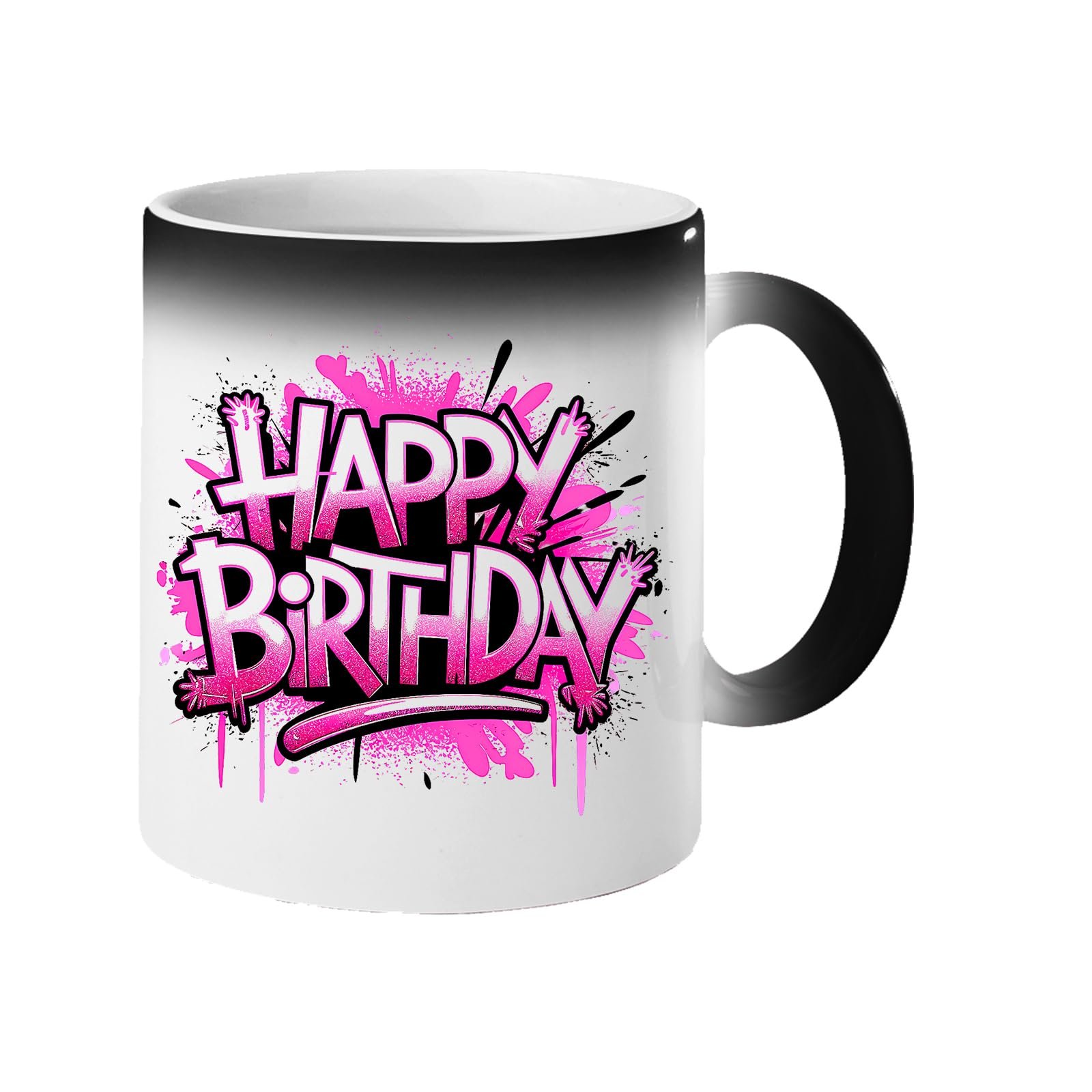 71gr1lc7kol.jpg Colour changing mug revealing “Happy Birthday” in pink graffiti lettering with paint splatter