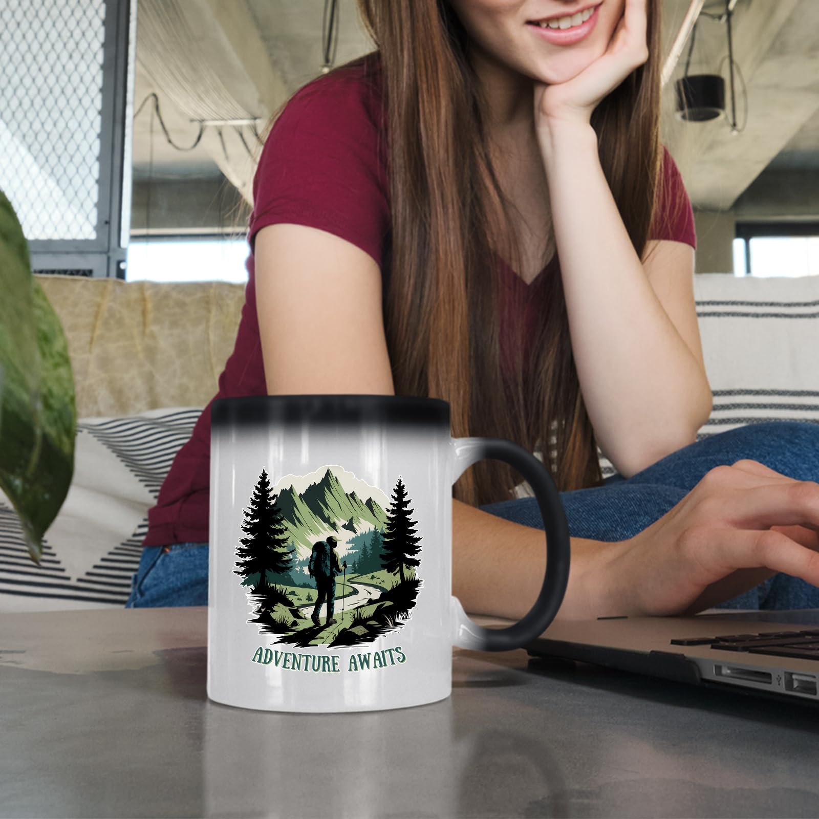 71ilyrivezl.jpg Woman at a laptop with the Adventure Awaits hiker colour changing mug