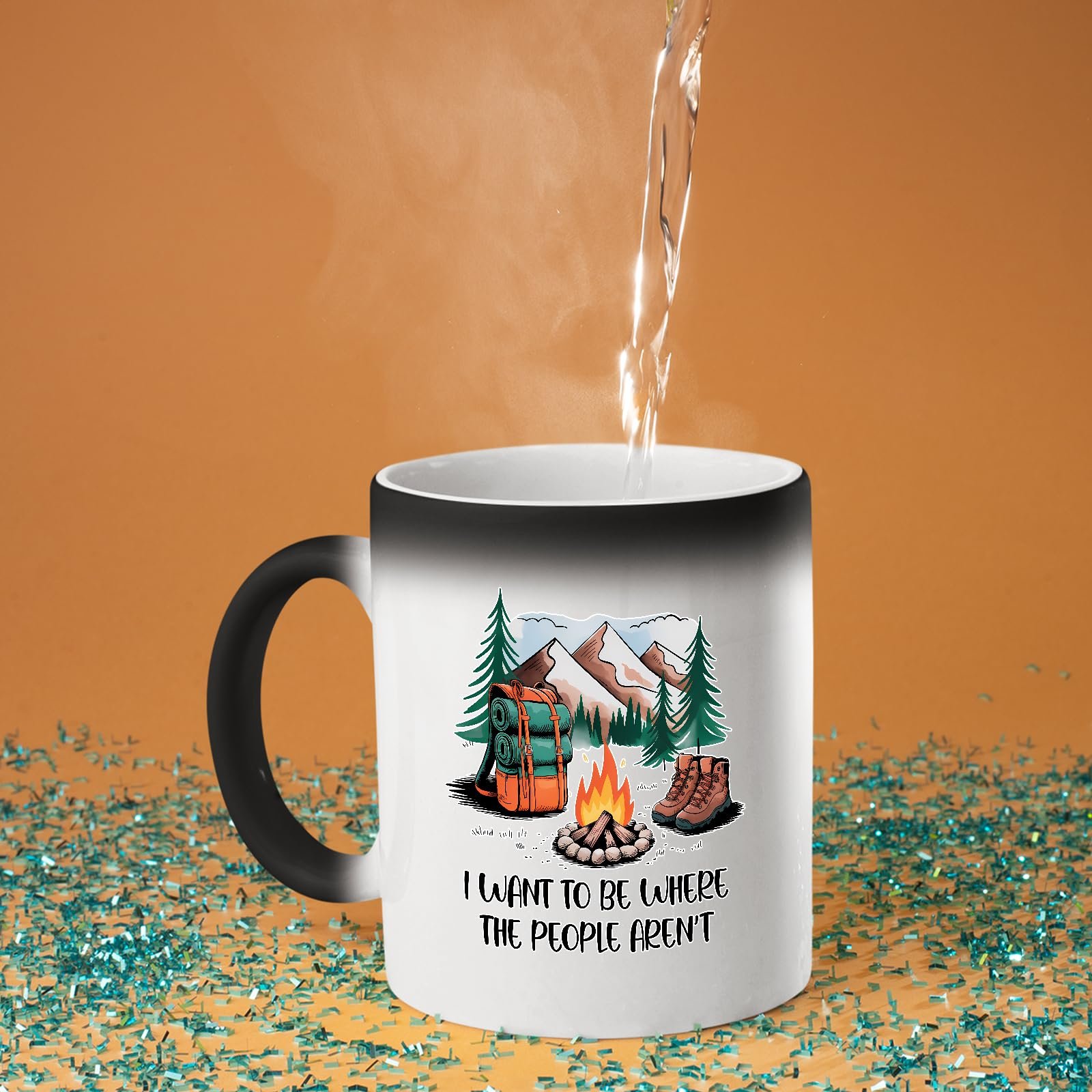 71j2cqonh9l.jpg Hot water poured into the camping escape colour changing mug as the design appears