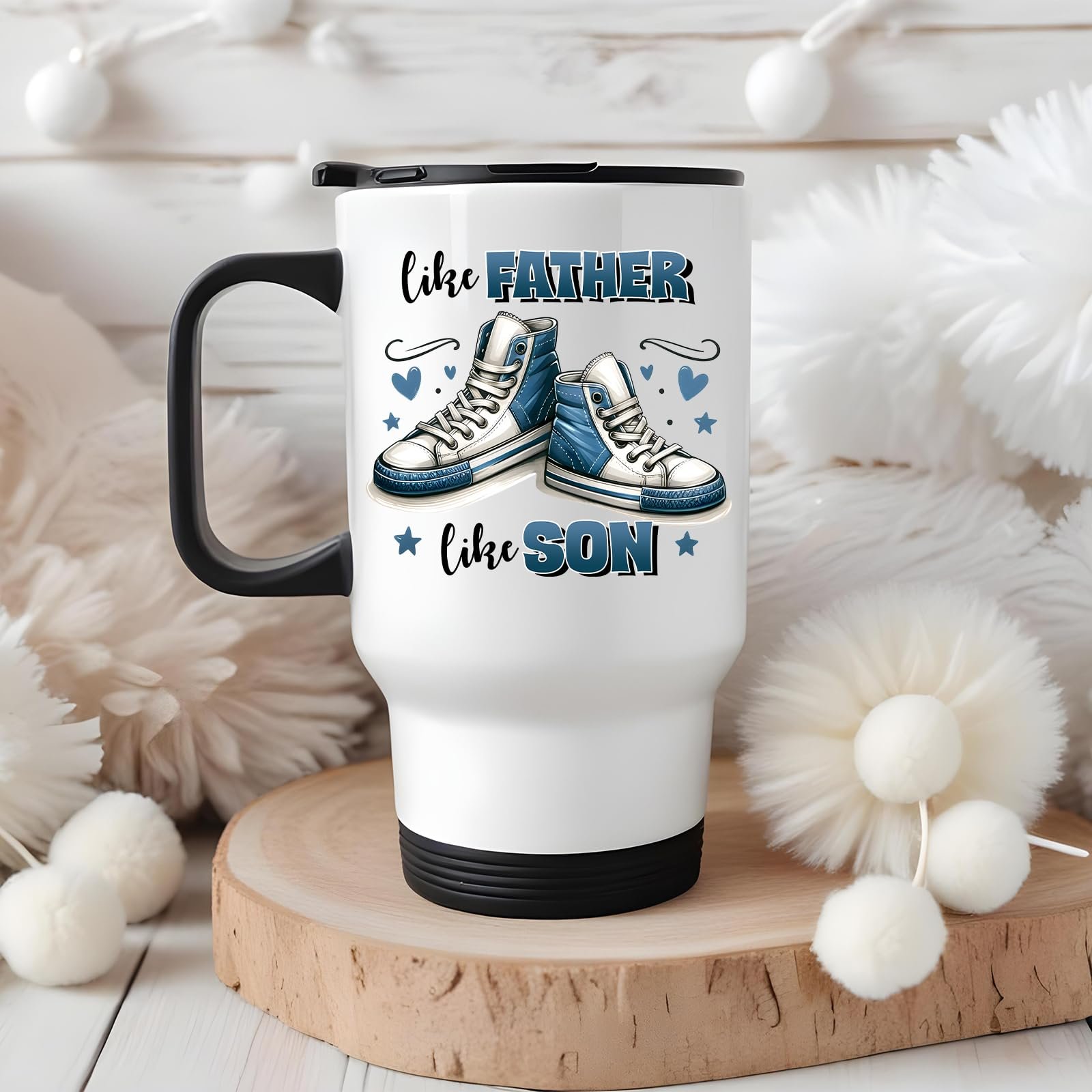 71lamxpgrzl.jpg Like Father Like Son travel mug on a wooden slice with white pom-poms