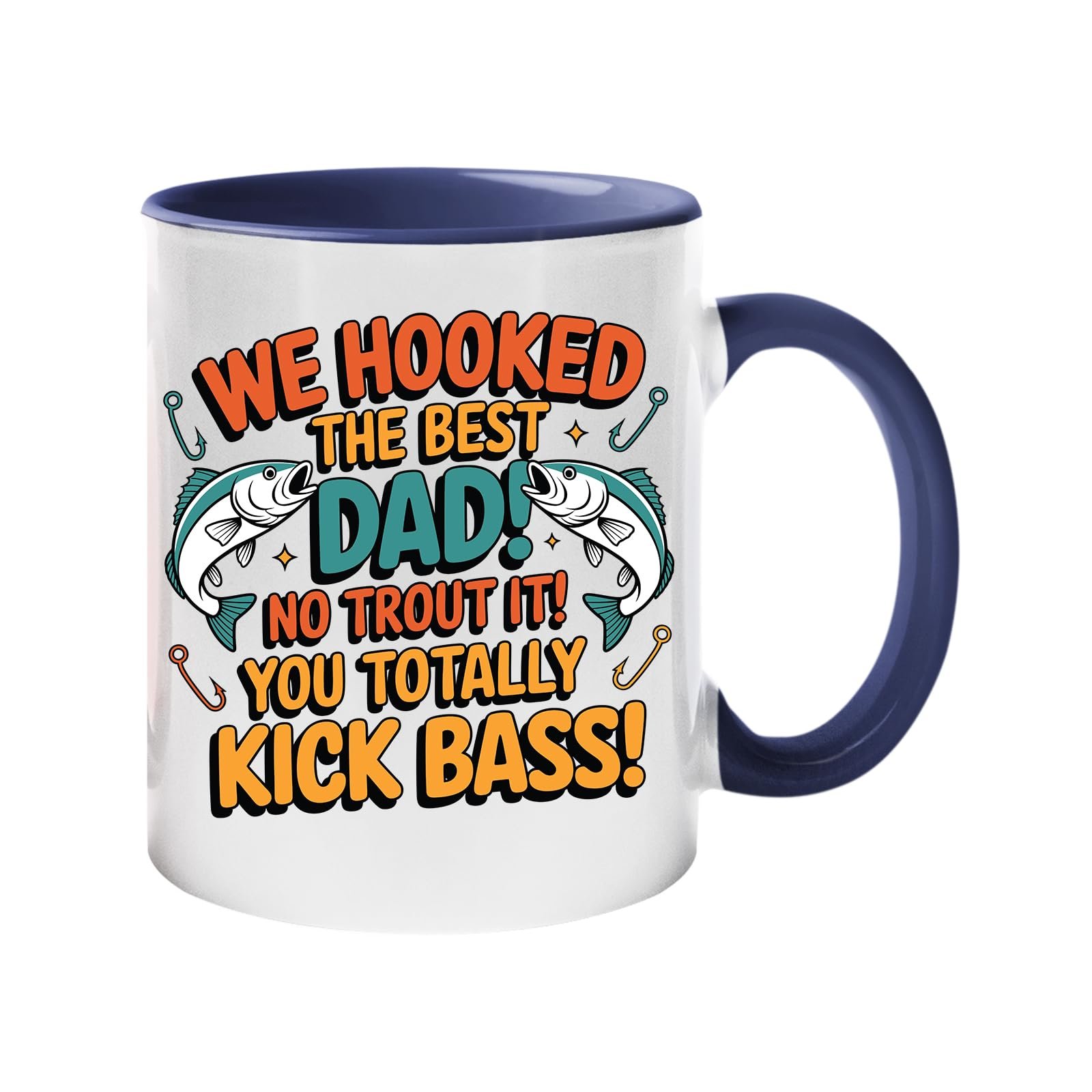 71ms05kgcol.jpg Colour handle mug with two leaping fish and “We hooked the best Dad! No trout about it! You totally kick bass!” – dark blue handle and inside