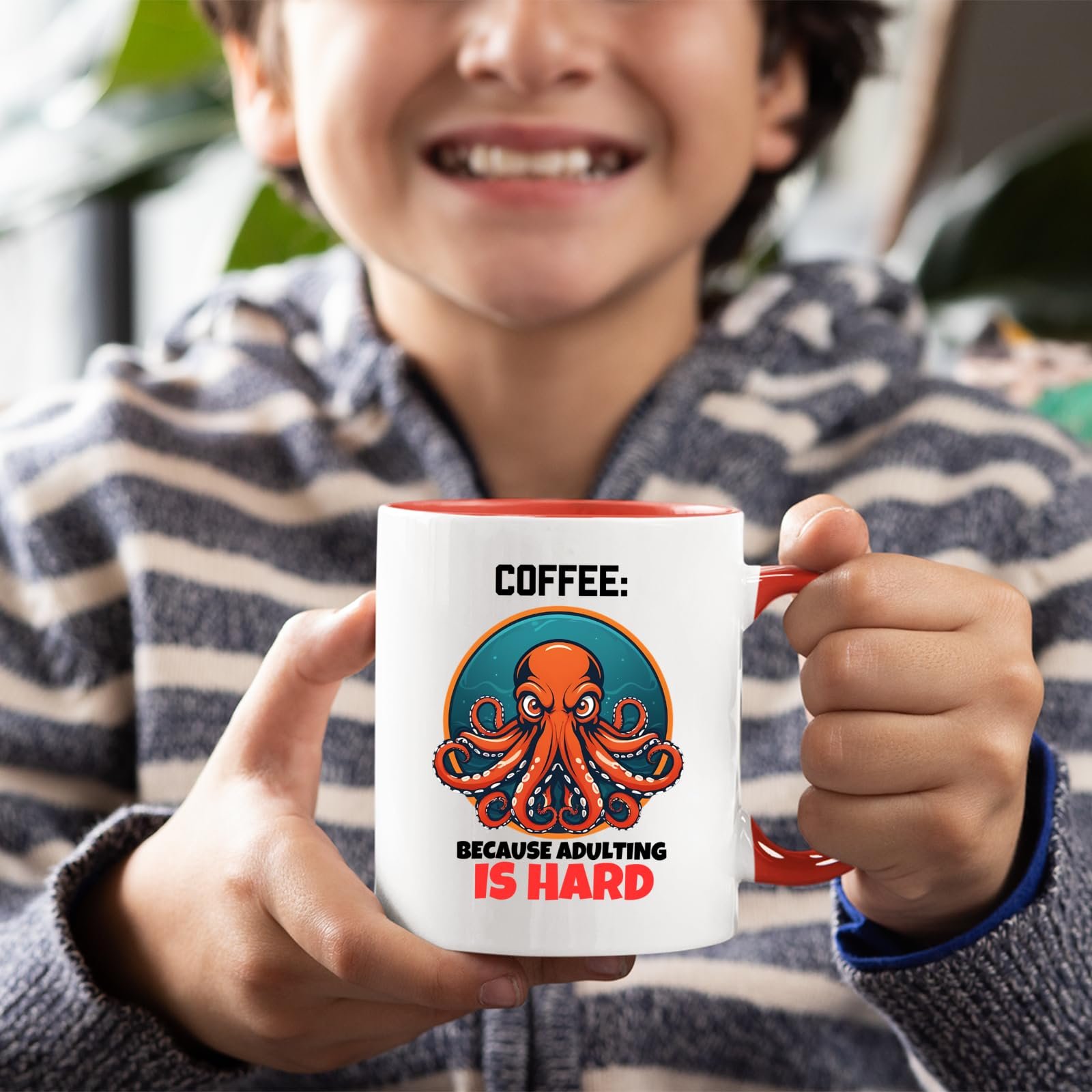 71mol6brcrl.jpg Smiling child holding the Adulting Is Hard octopus mug with a red handle