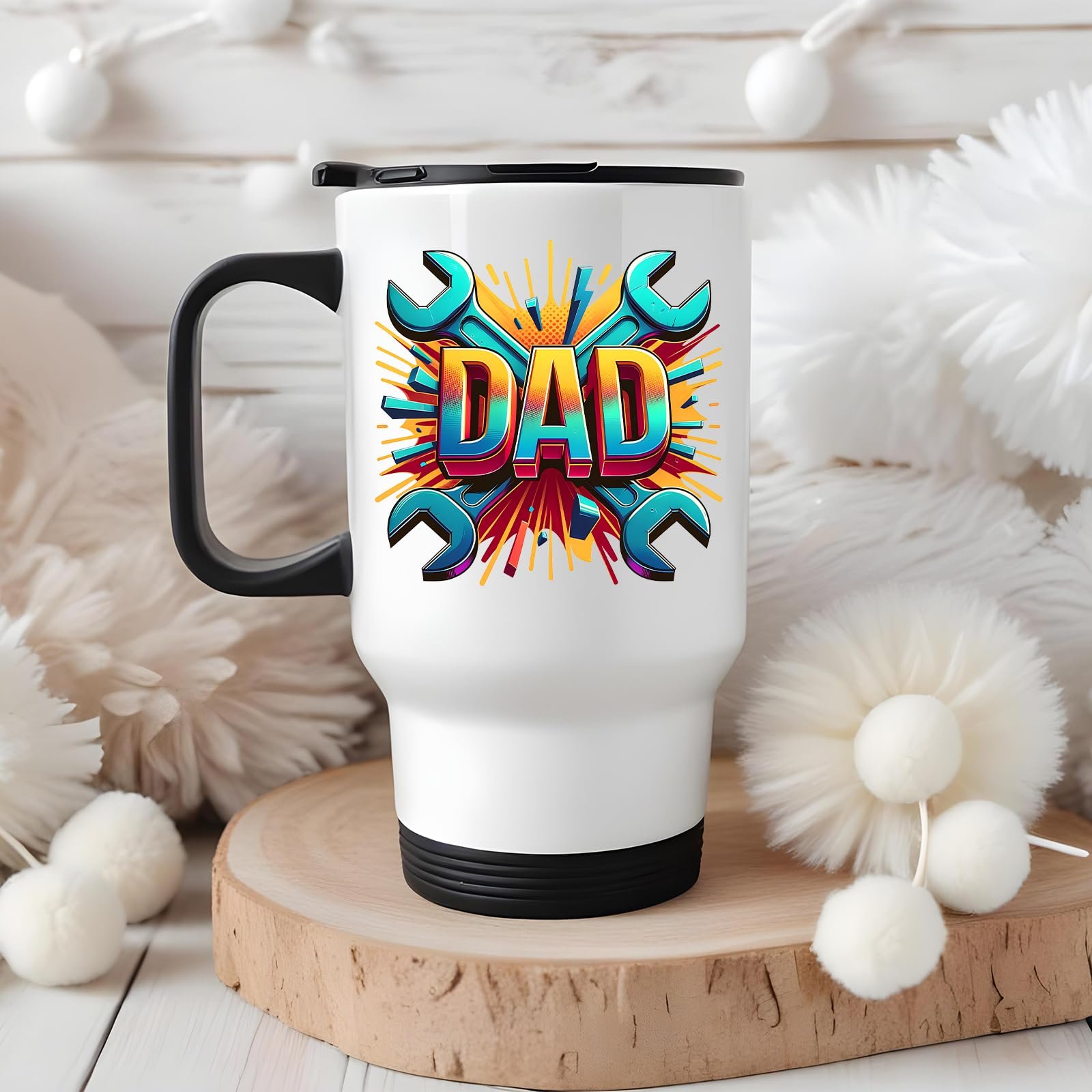 71nrhjq5zml.jpg DAD spanners travel mug on a wooden slice with white pom-poms