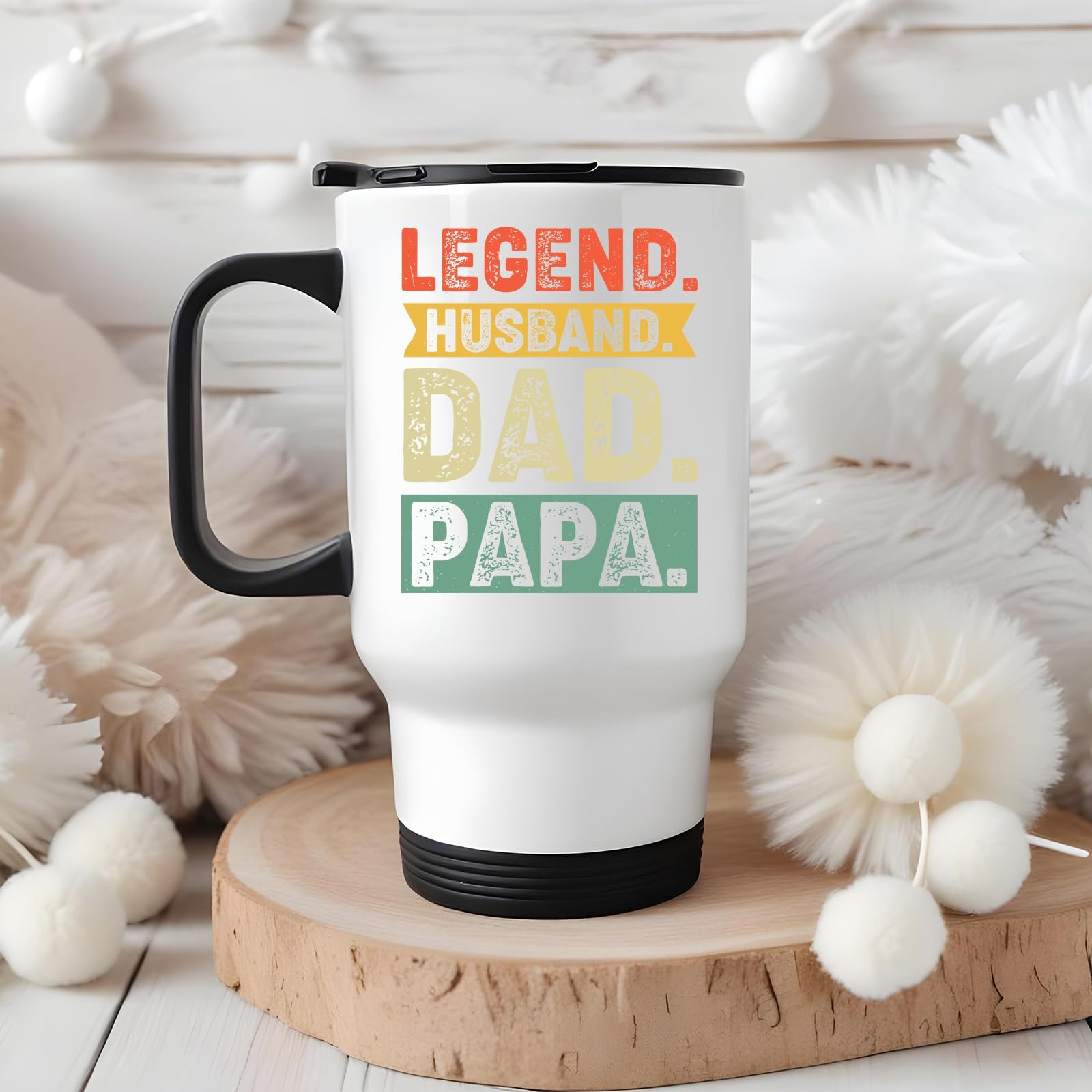 71nfk gw1zl.jpg Legend Husband Dad Papa travel mug on a wooden slice with white pom-poms