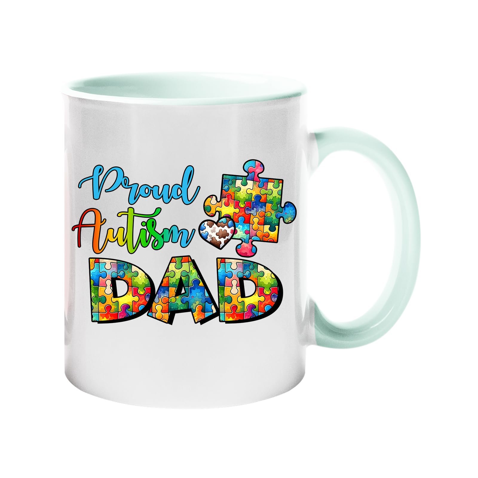 71nyoihhnsl.jpg Colour handle mug with “Proud Autism Dad” with letters filled with colourful puzzle pieces – lime handle and inside
