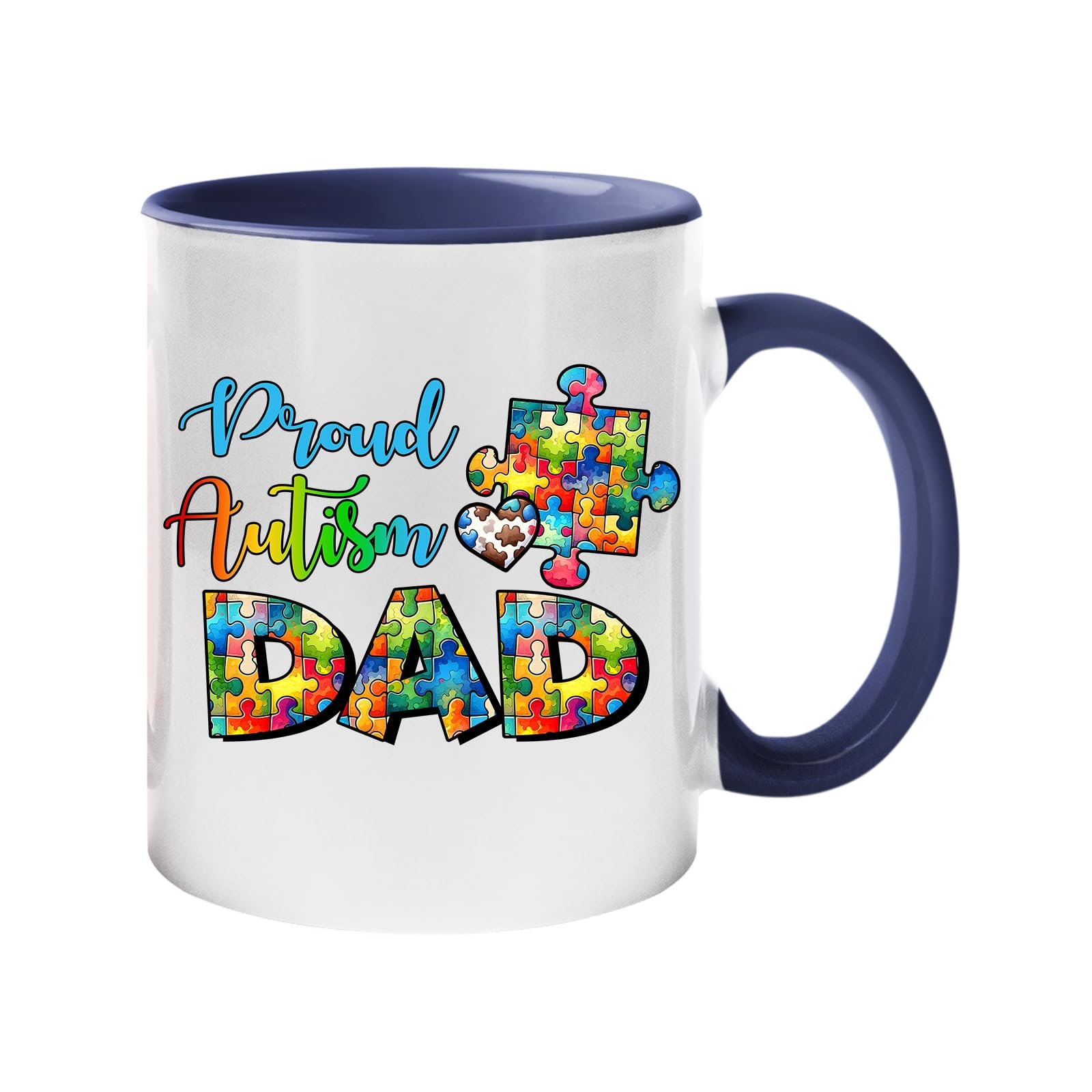71ofezdlrgl.jpg Colour handle mug with “Proud Autism Dad” with letters filled with colourful puzzle pieces – dark blue handle and inside
