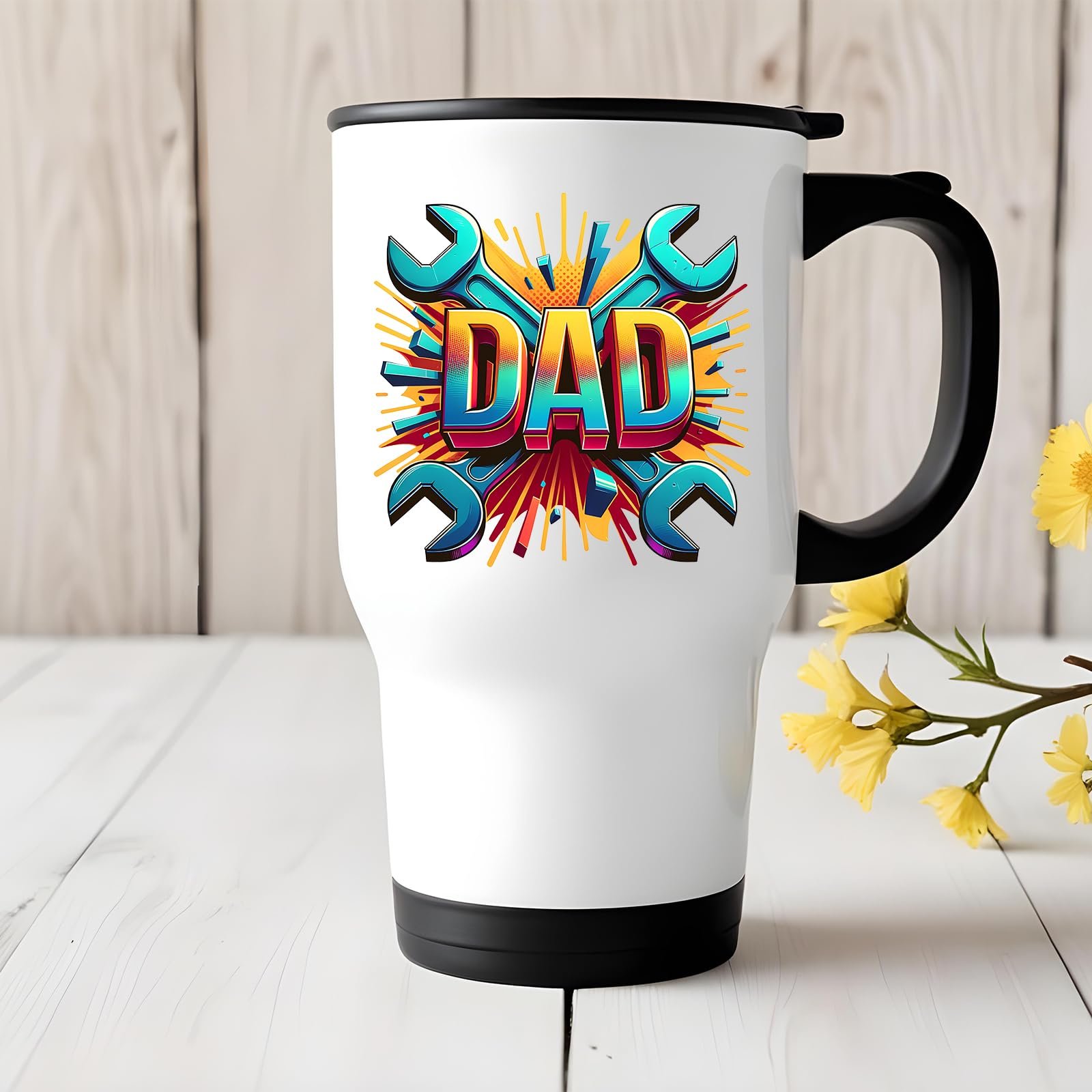 71ot2 5bs4l.jpg DAD spanners travel mug on a white wooden table with yellow flowers