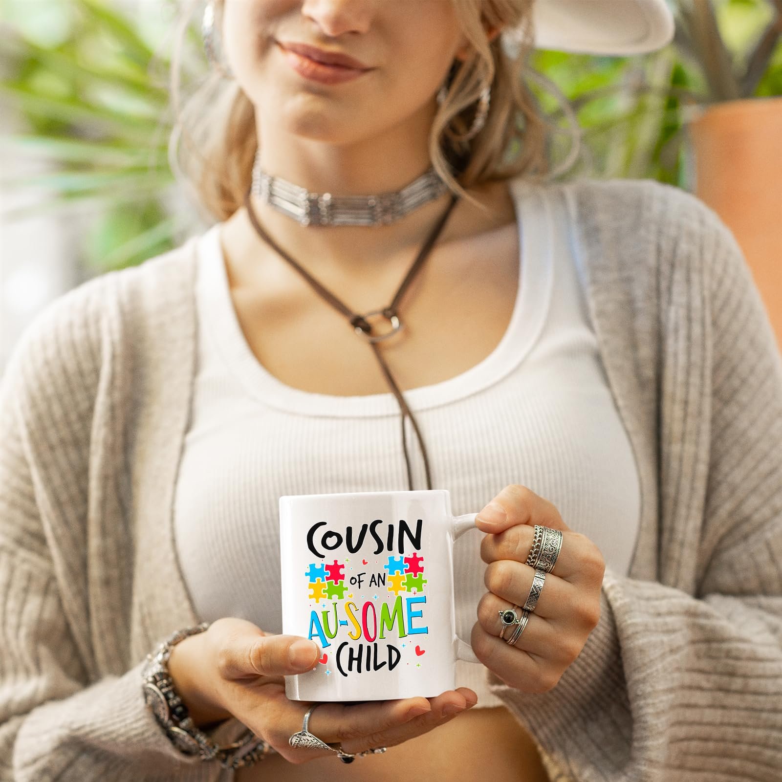 71pm8d ycul.jpg Woman in a cardigan holding the Cousin of an Au-Some Child mug