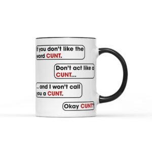 White mug with a black handle and rude speech bubbles