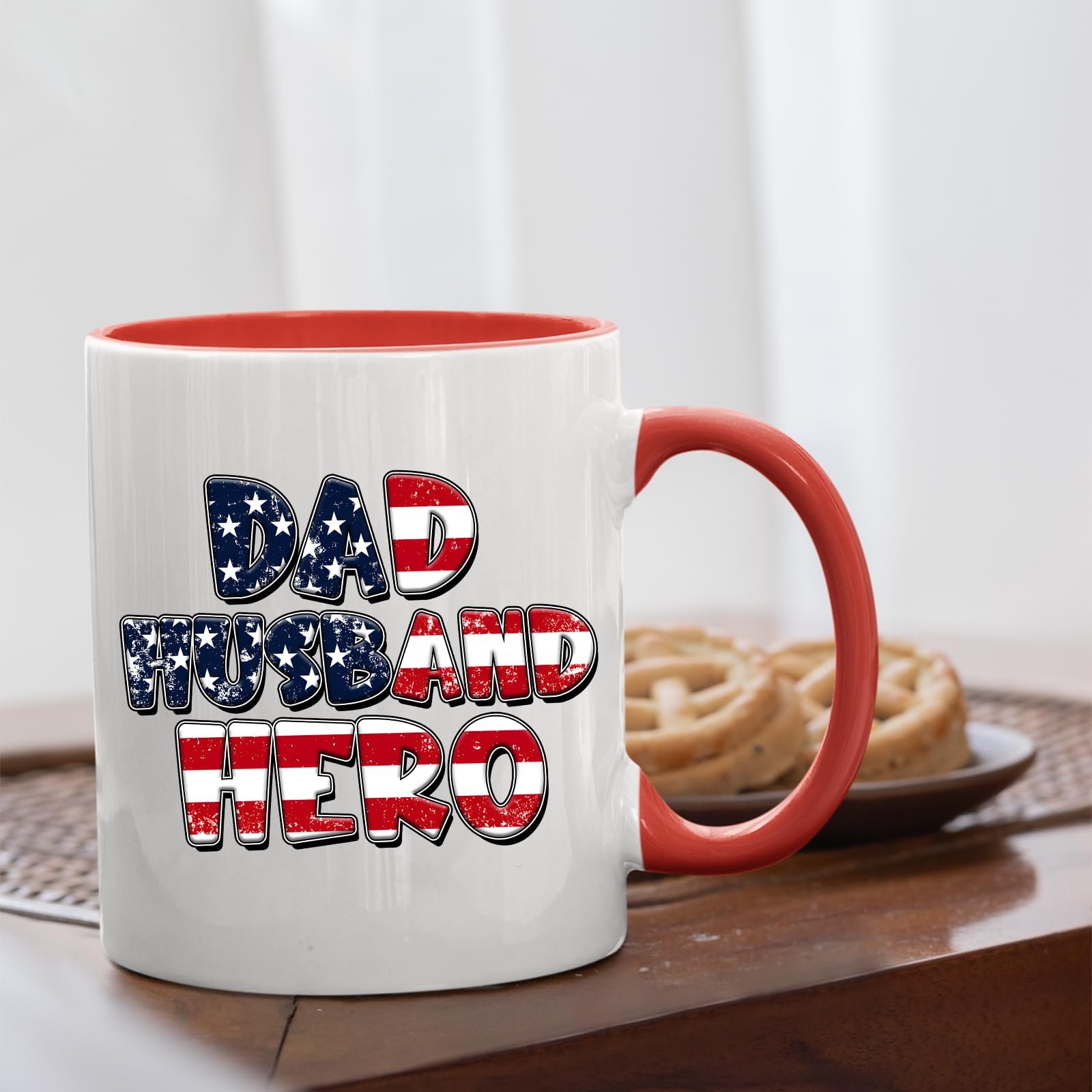 71q6gzcrmrl.jpg Dad Husband Hero mug with a red handle beside biscuits