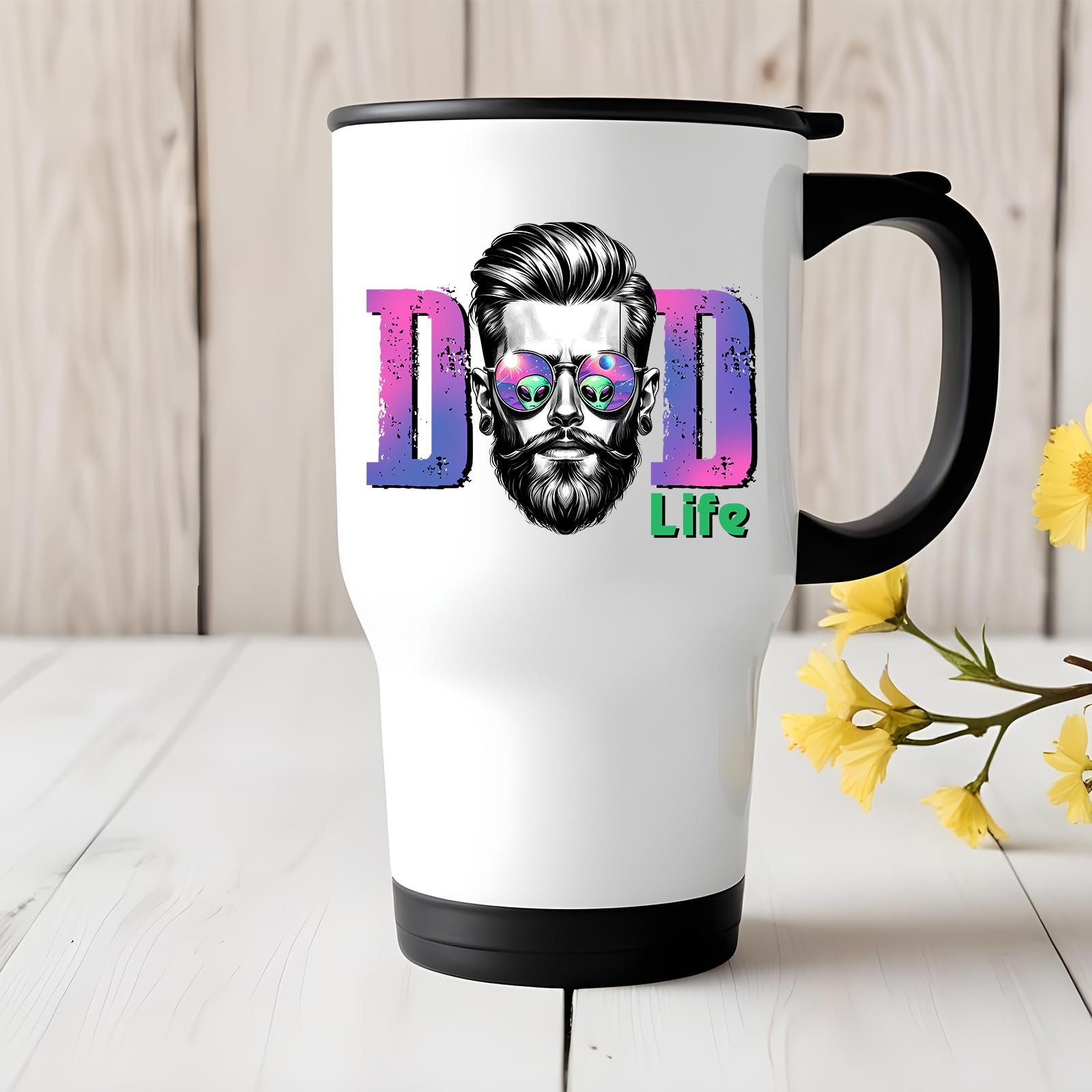71qin2qw l.jpg Dad Life bearded dad travel mug on a white wooden table with yellow flowers