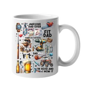White mug with a collage of dad favourites – BBQ, tools, beer, a tractor and “Awesome Dad Ever”