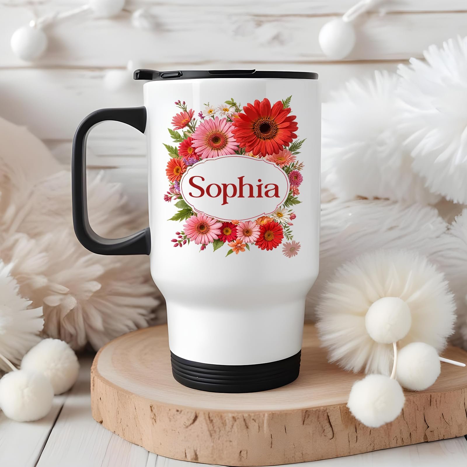 71s7domtuql.jpg Travel mug with a red gerbera wreath around an example name on a wooden board with white pompoms