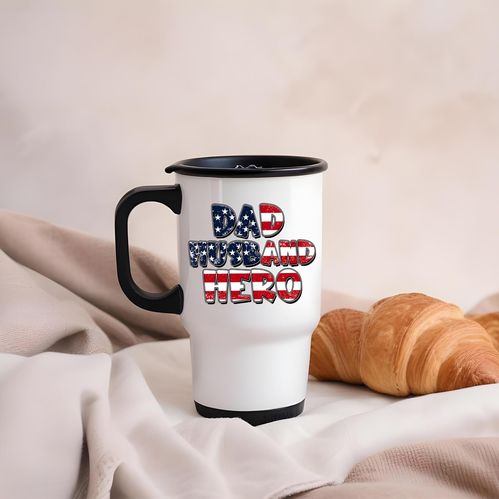 71sioi5ye l.jpg Dad Husband Hero travel mug on a soft blanket beside a croissant