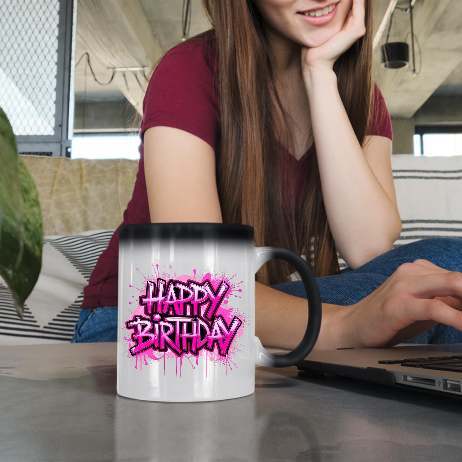 71t6sweioal.jpg Woman at a laptop with the Happy Birthday pink drip colour changing mug