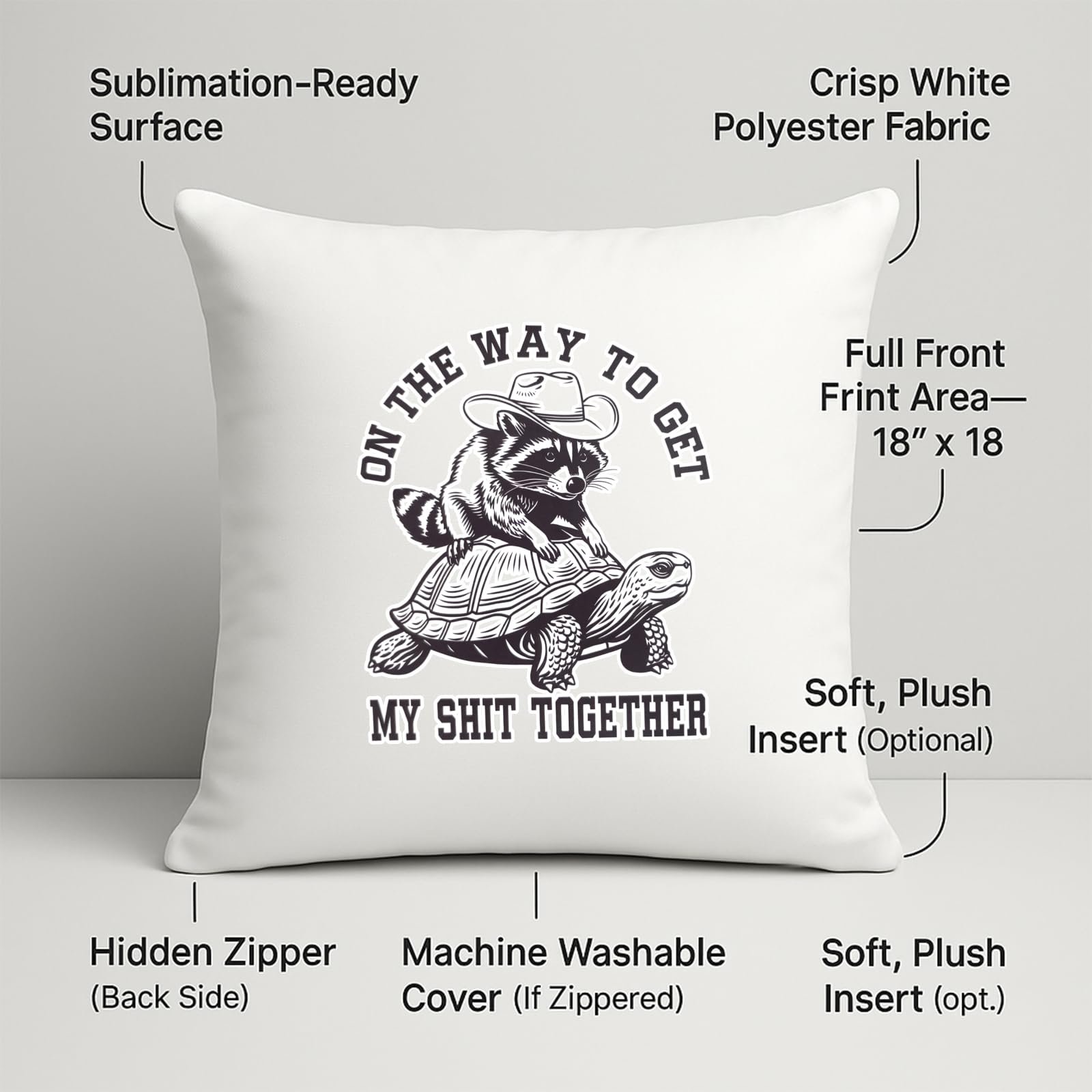 71tl1wwzdal.jpg raccoon and tortoise cushion with labels for 18 x 18 inch print area, hidden zip and washable cover