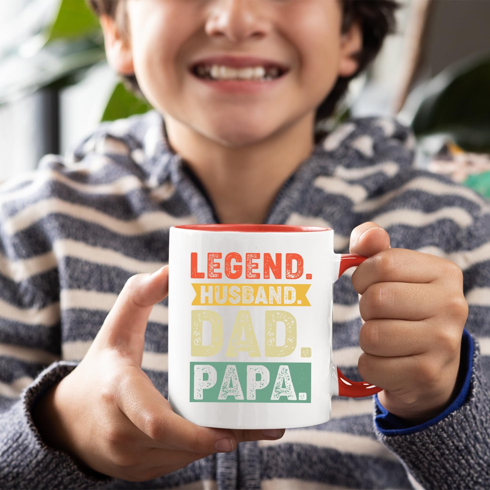71tvnorthql.jpg Smiling child holding the Legend Husband Dad Papa mug with a red handle