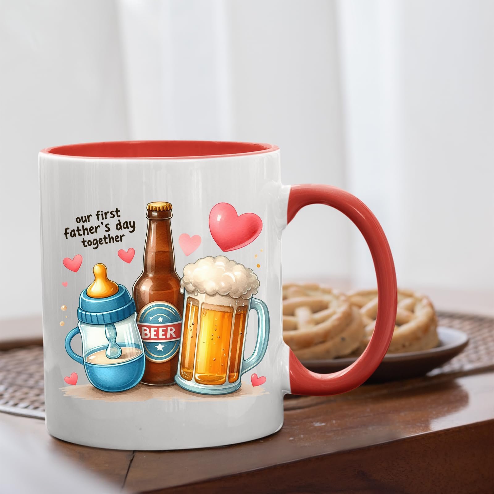 71u go9 nql.jpg First Father’s Day hearts mug with a red handle beside biscuits