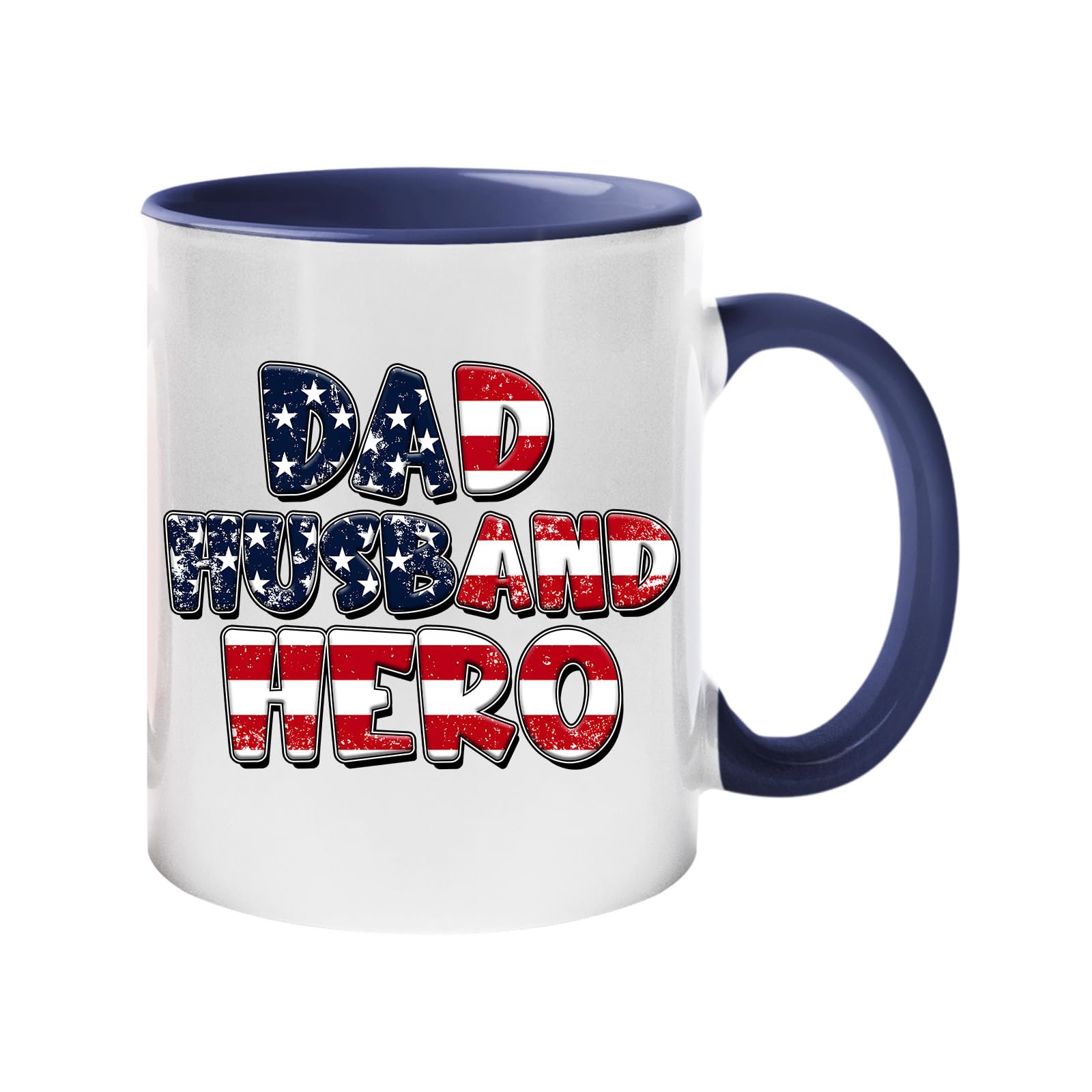 71ubw5gylml.jpg Colour handle mug with “Dad, Husband, Hero” in stars-and-stripes lettering – dark blue handle and inside