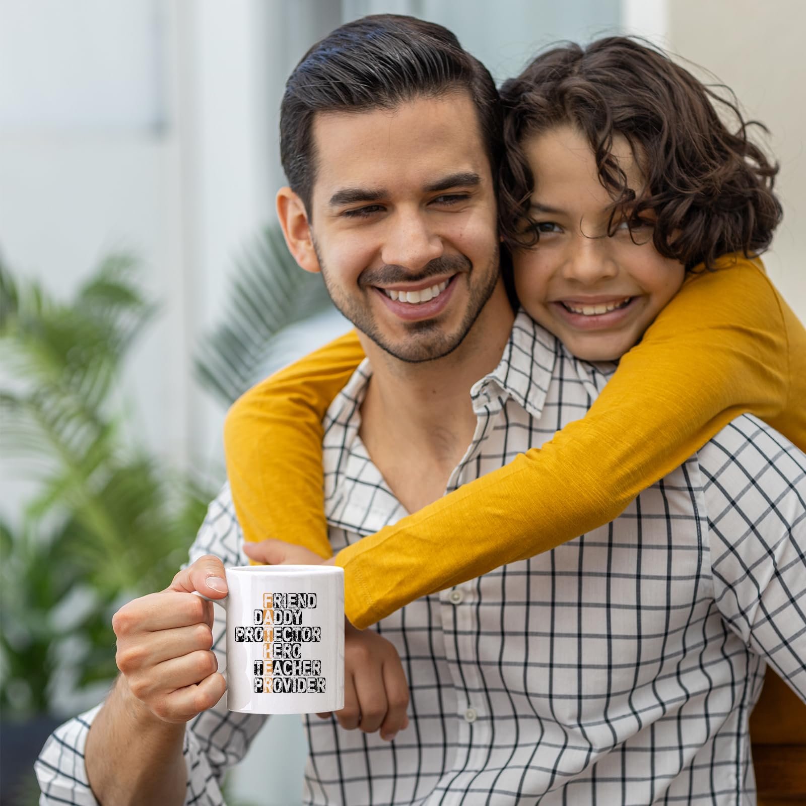 71ujjt 7bil.jpg Smiling dad holding the FATHER acrostic mug as his son hugs him