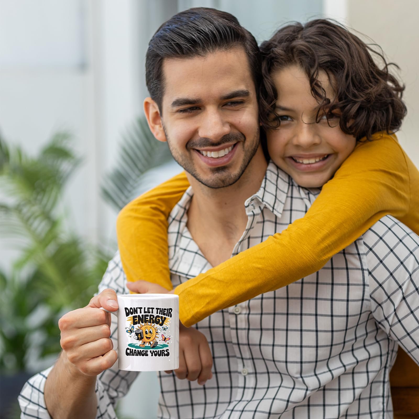 71uoppefaal.jpg Smiling dad holding the Positive Vibes sun mug as his son hugs him