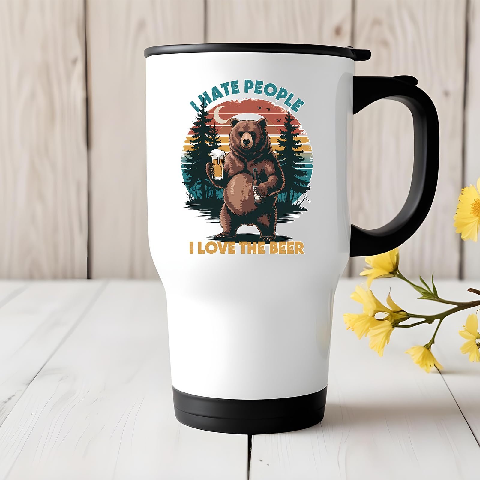 71vwpis7dkl.jpg beer-loving bear travel mug on a white wooden table with yellow flowers