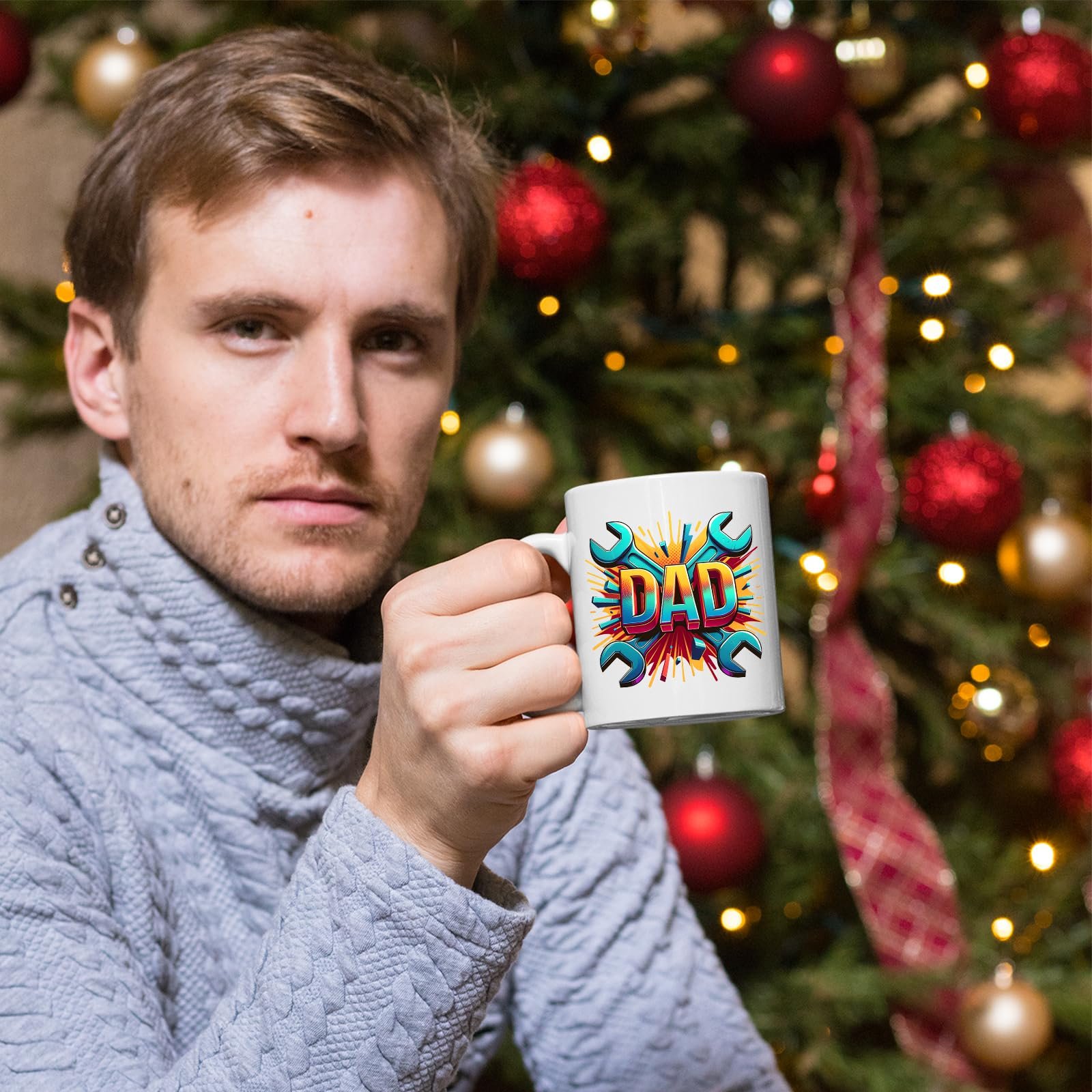 71whfg1ztll.jpg Man holding the DAD spanners mug in front of a Christmas tree