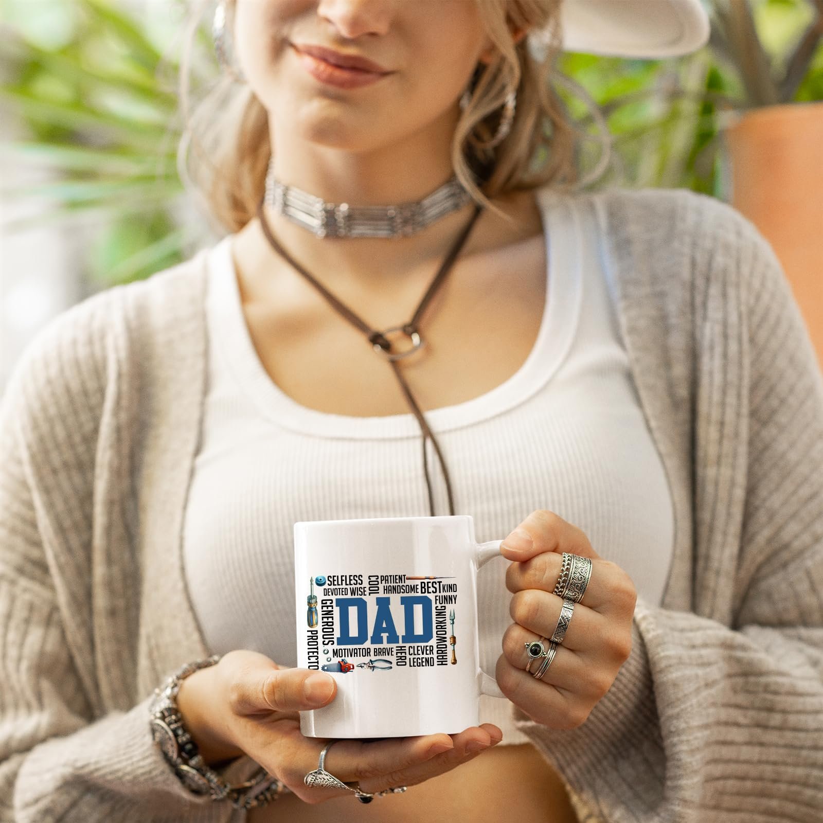 71wna6togsl.jpg Woman in a cardigan holding the DAD word cloud mug