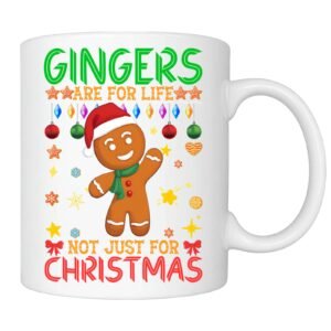 White mug with a gingerbread man in a Santa hat and “Gingers are for life, not just for Christmas”