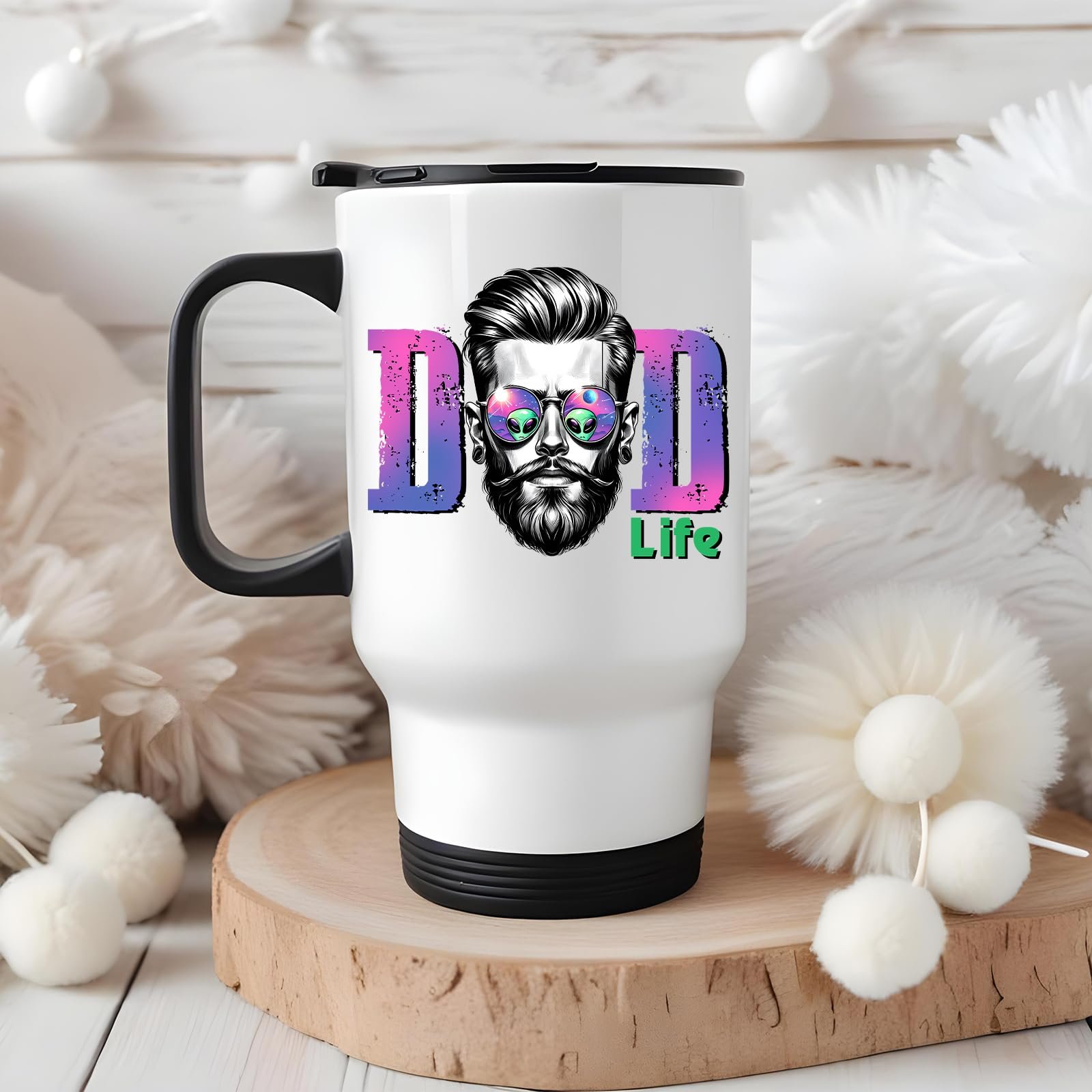 71xy votu0l.jpg Dad Life bearded dad travel mug on a wooden slice with white pom-poms