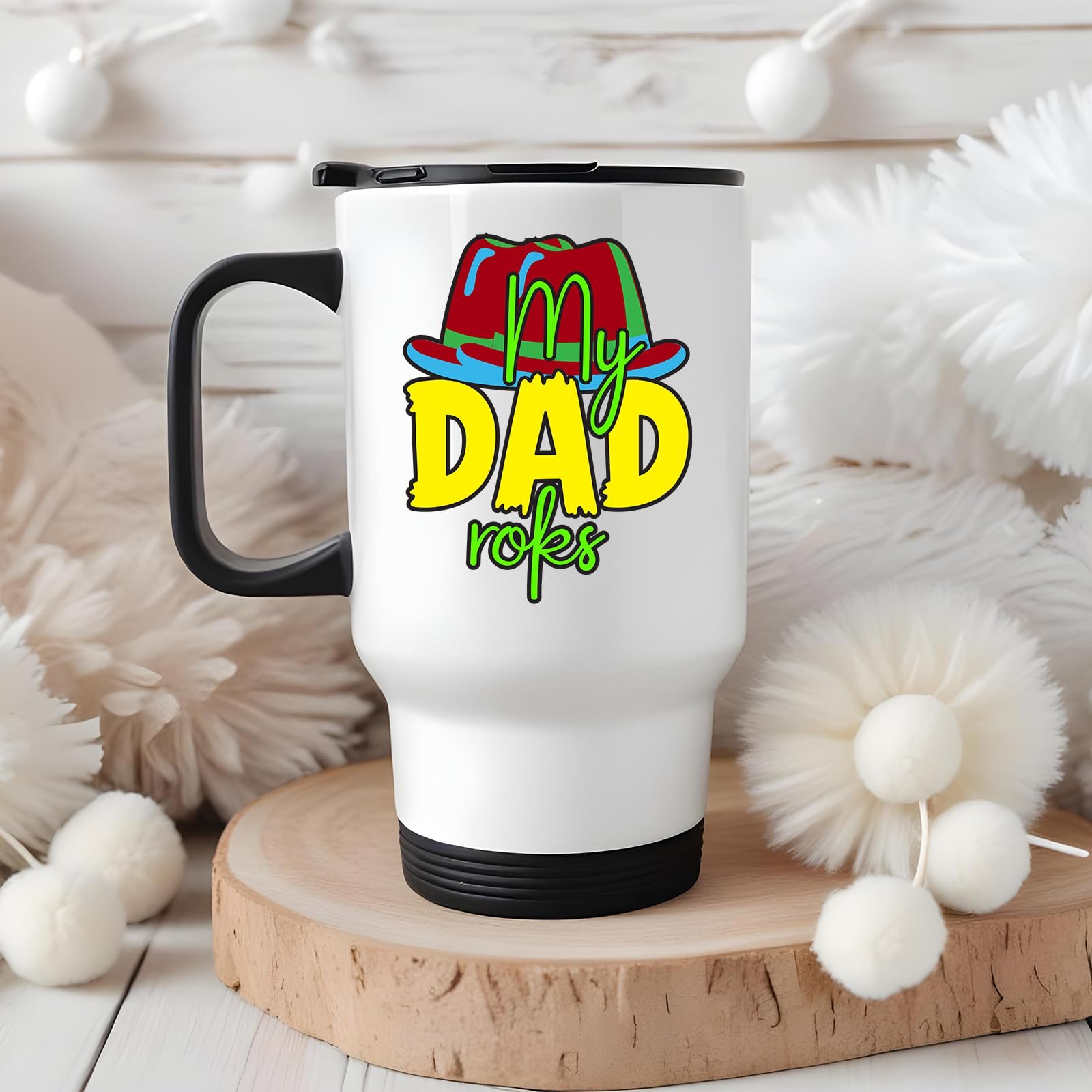 71yickevxbl.jpg Travel mug with the My Dad Rocks design in a cosy winter setting