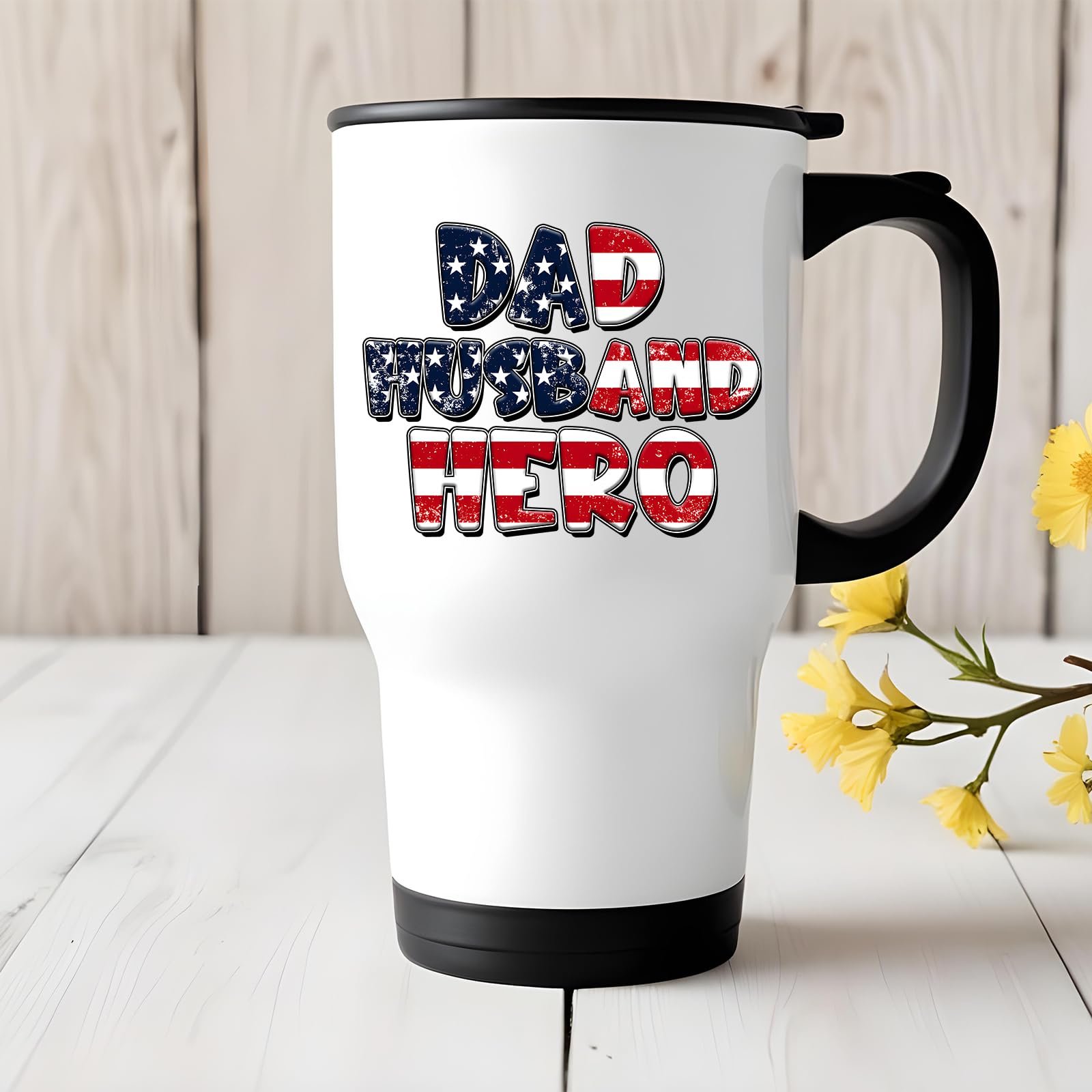 71yz5rgsh l.jpg Dad Husband Hero travel mug on a white wooden table with yellow flowers