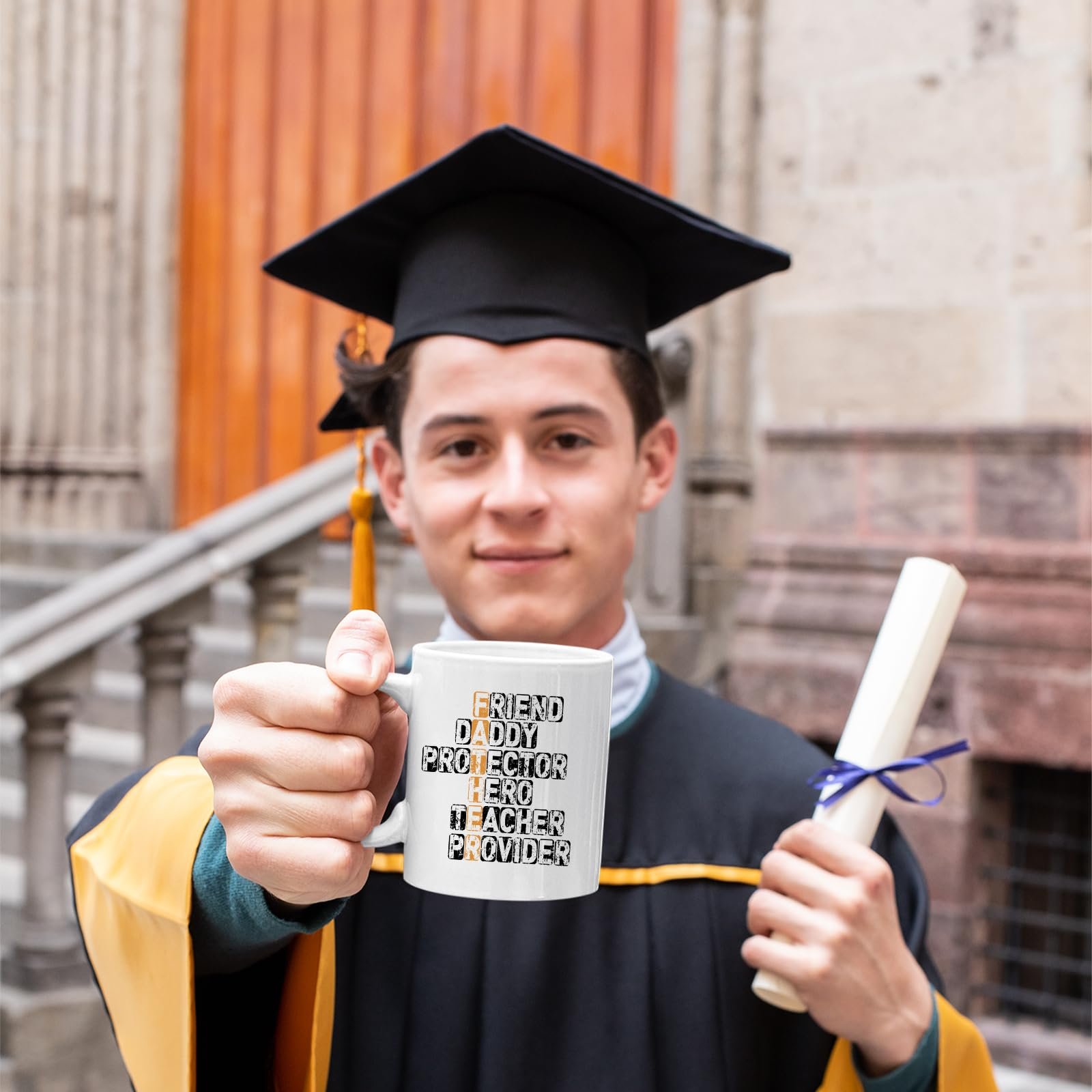 71z59qd6pzl.jpg Graduate in cap and gown holding the FATHER acrostic mug