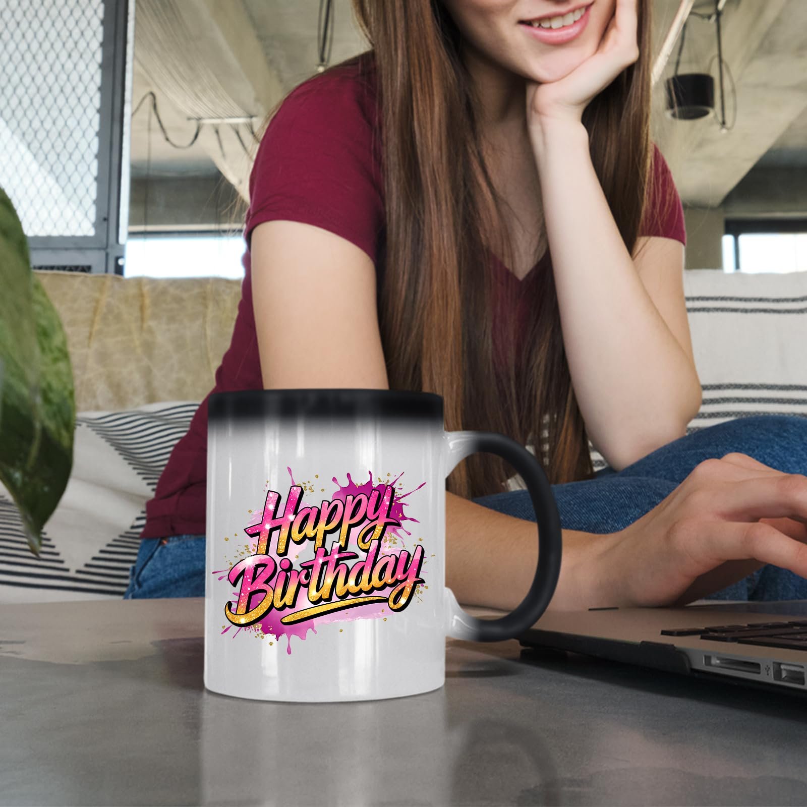 71z5t0l9lzl.jpg Woman at a laptop with the Happy Birthday pink splash colour changing mug
